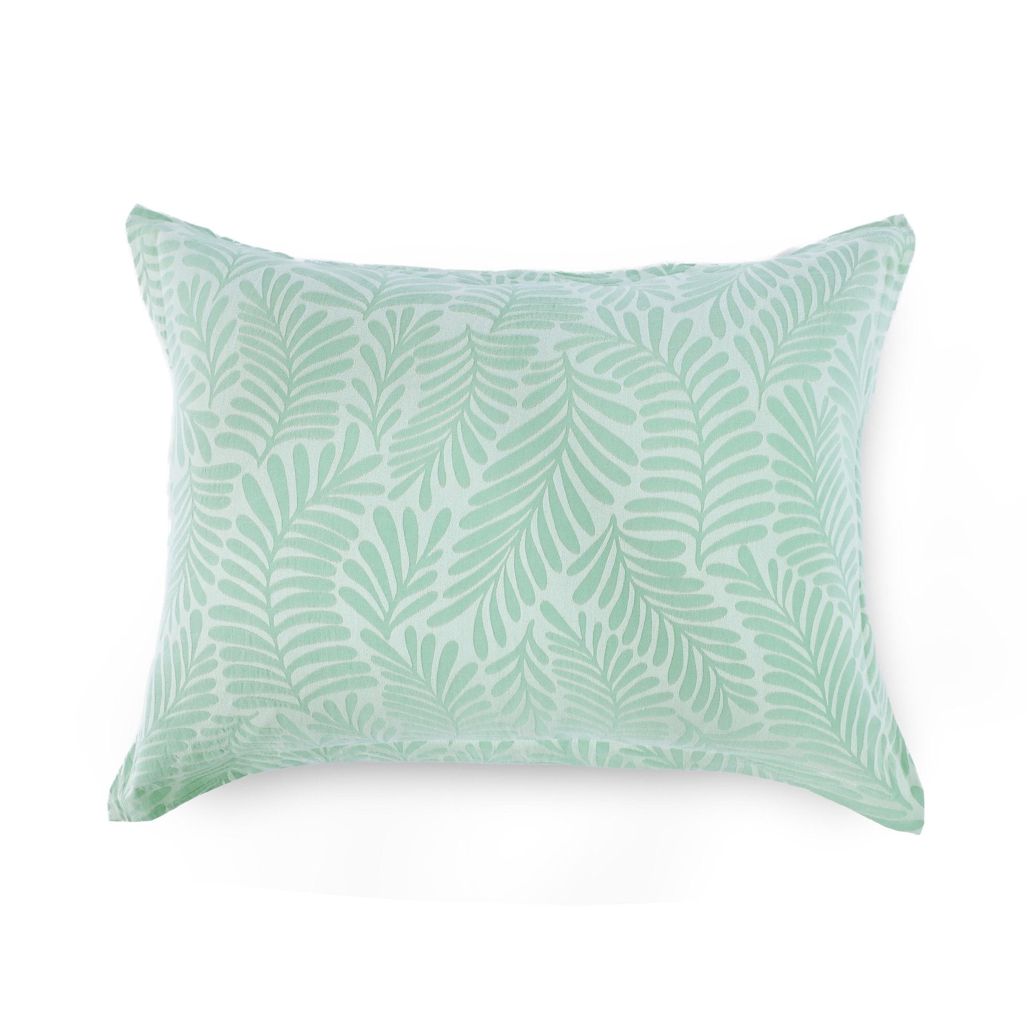 Green leaf-patterned sham on a white background