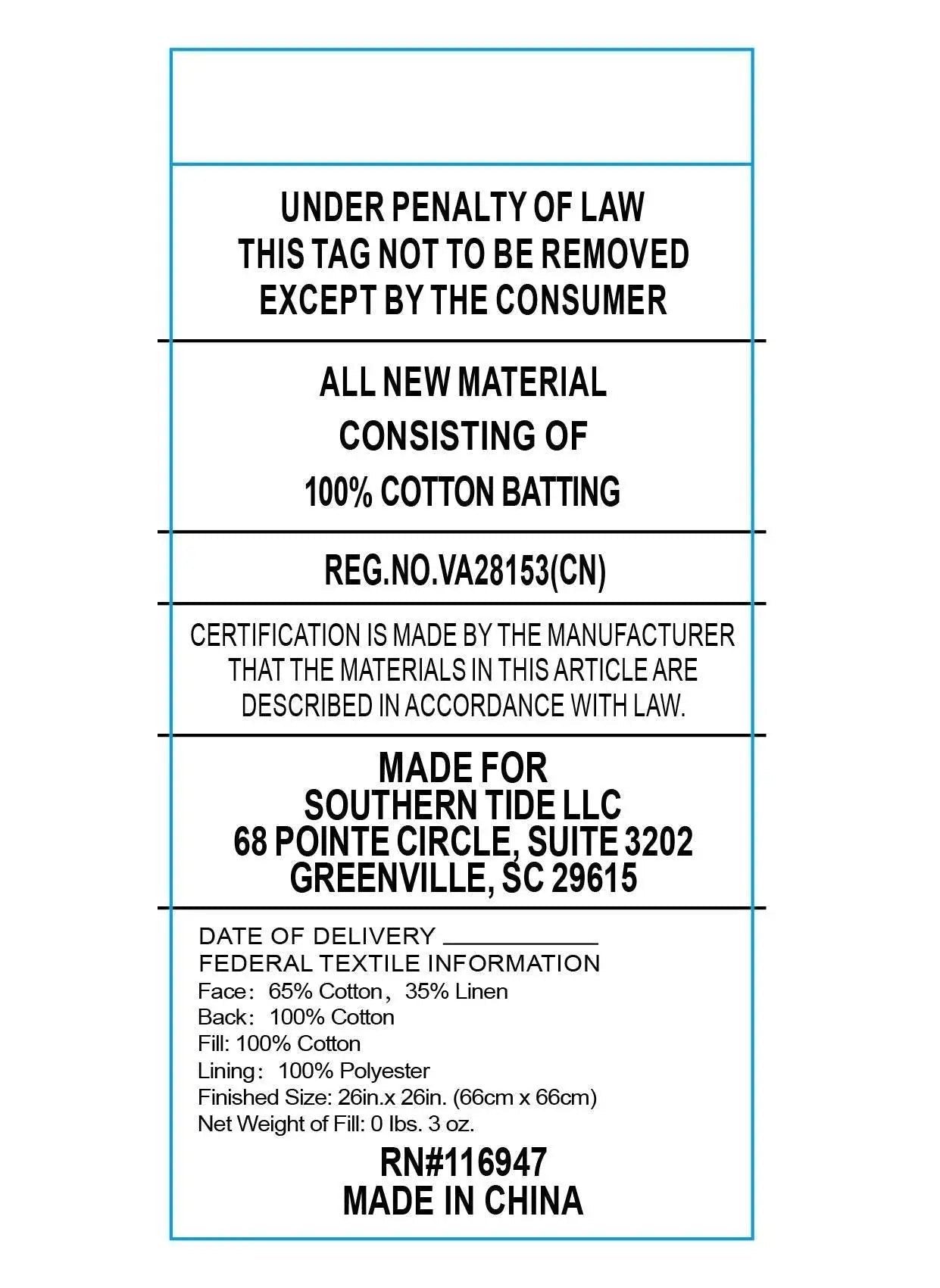 Product label with text about material composition, certification, and manufacturing details.