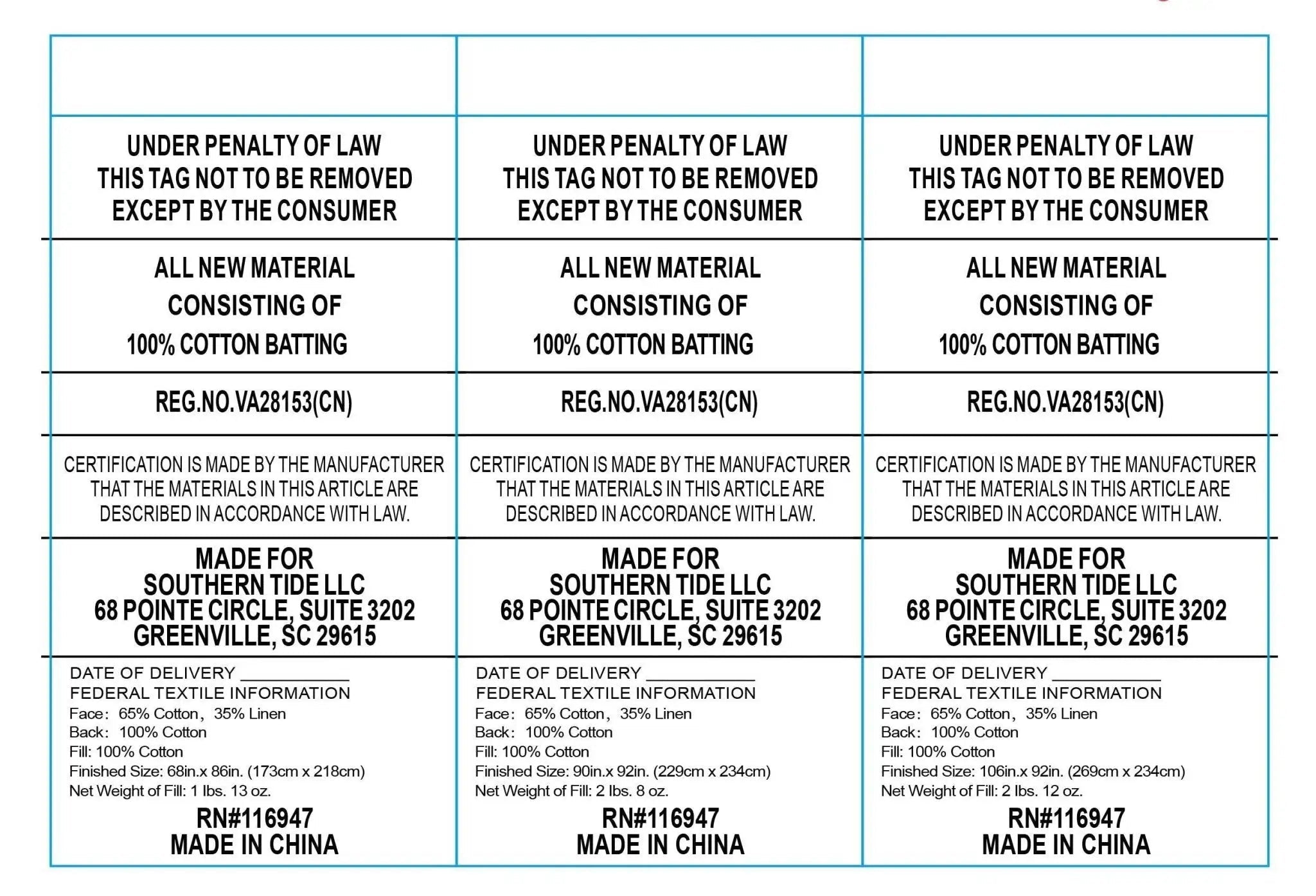 Text label with certification details for a product made by Southern Tide LLC.