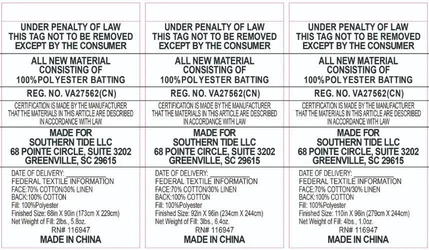 A white square sheet with three vertical columns of black printed text detailing product specifications.