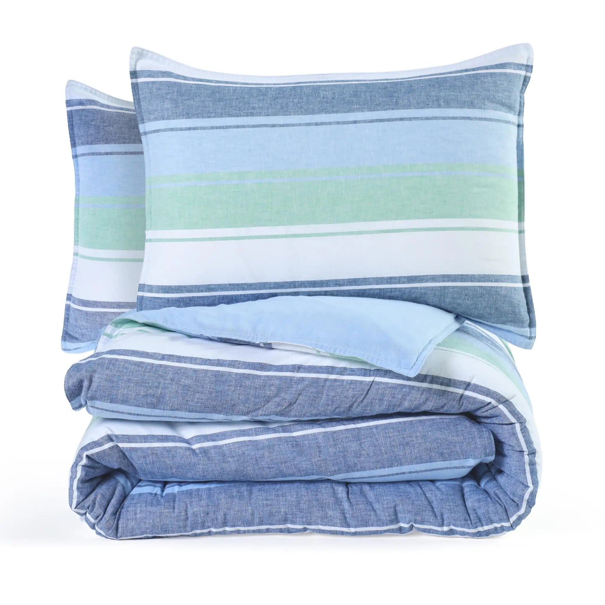 Striped comforter set with pillow shams on a white background