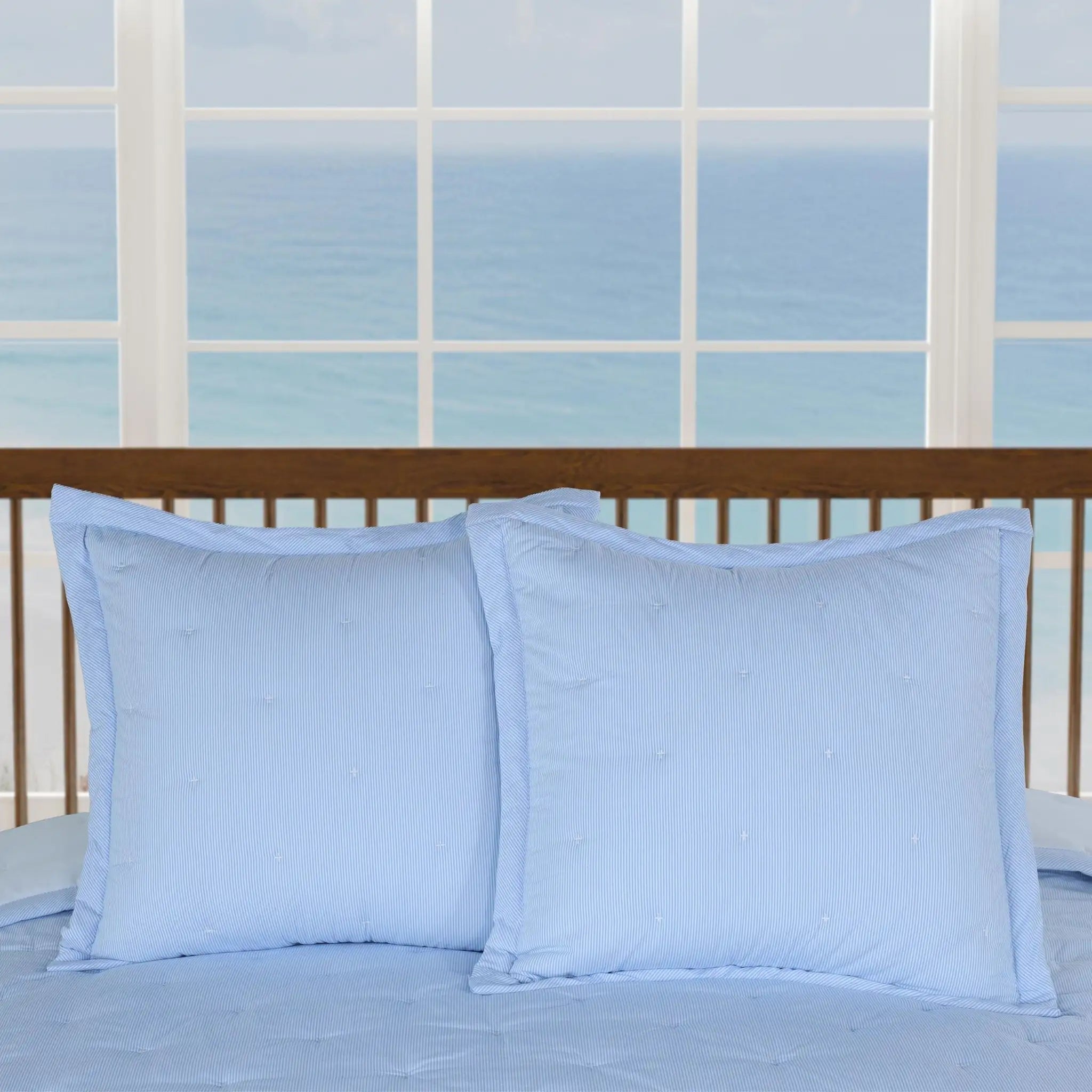 Two light blue euros displayed on a bed with a wooden headboard, set against a large window with an ocean view.