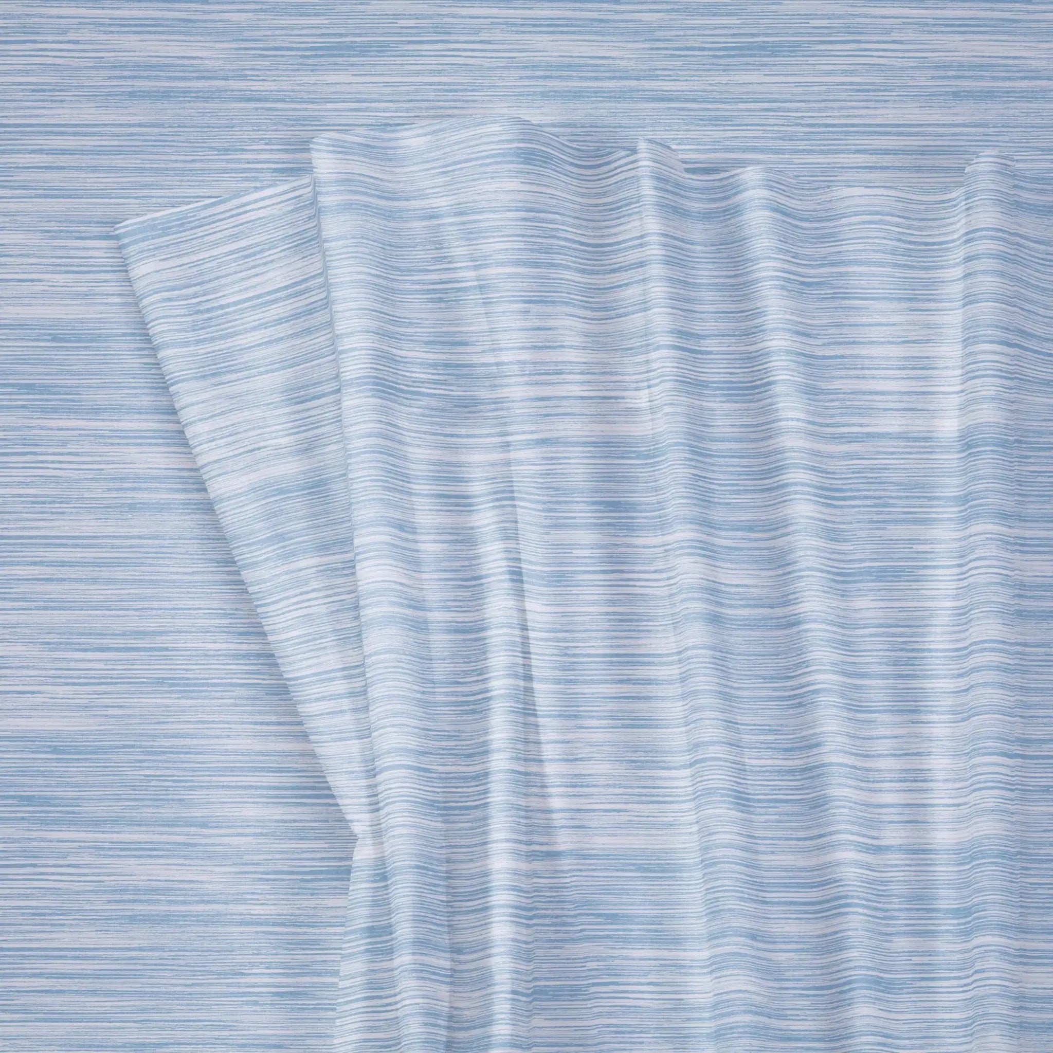 Light blue and white striped fabric draped to show its texture and pattern.
