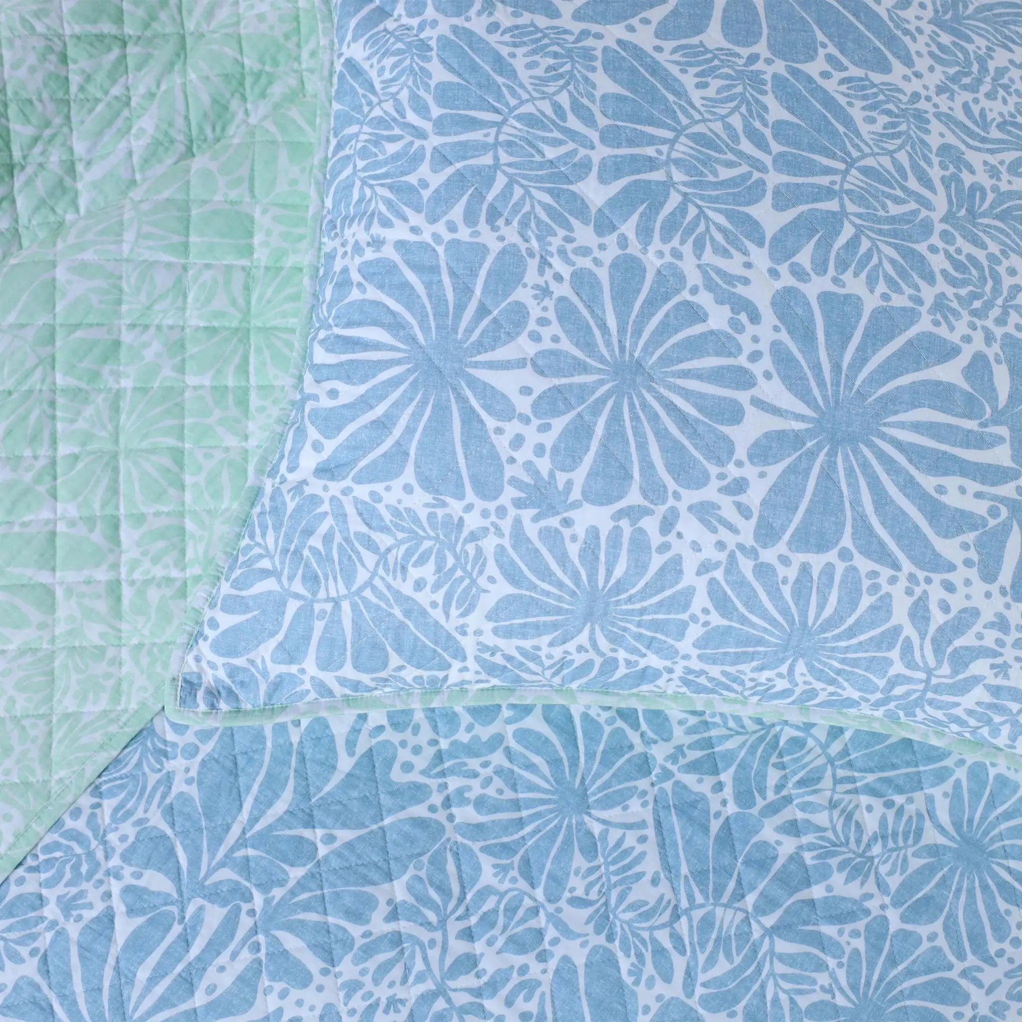 Close-up of a quilt with blue floral pattern and green border