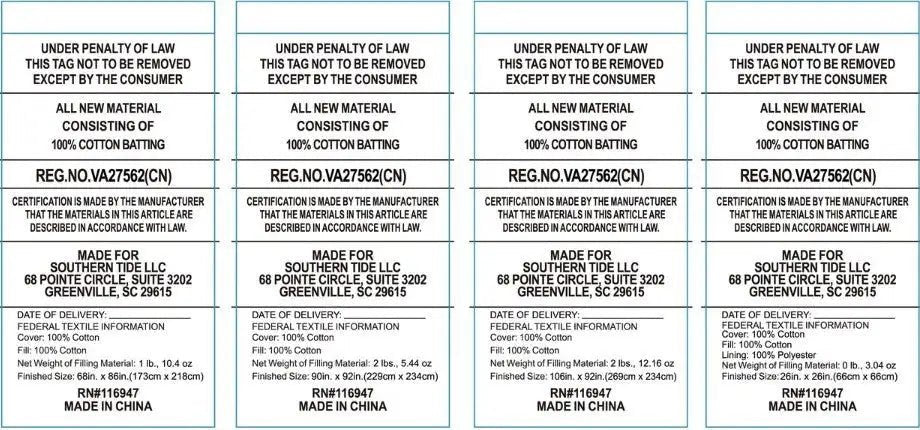A close-up of a white material sample card with printed text blocks detailing specifications, certifications, delivery information, and a 'Made in China' label.