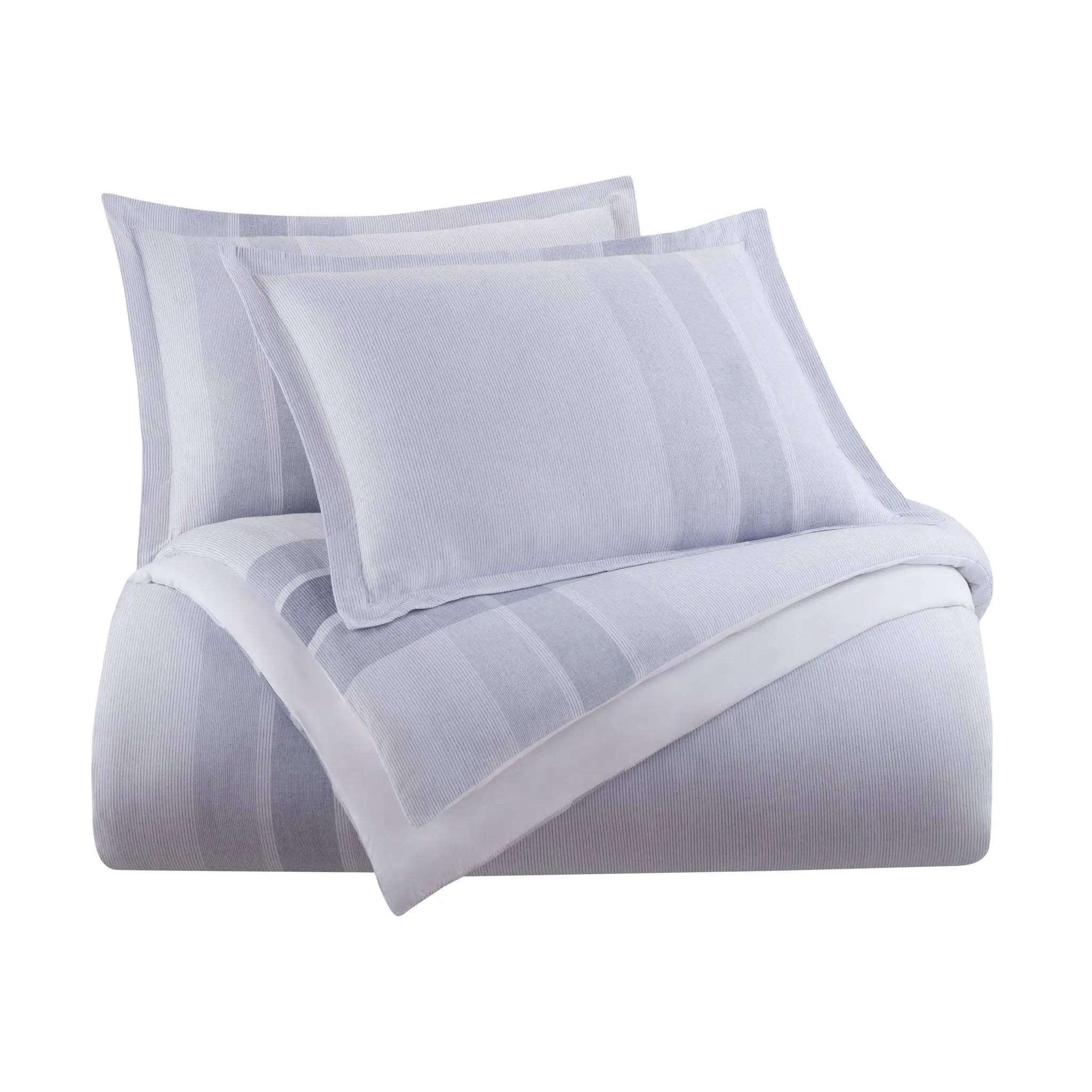 Light blue comforter set with two pillow shams on a white background