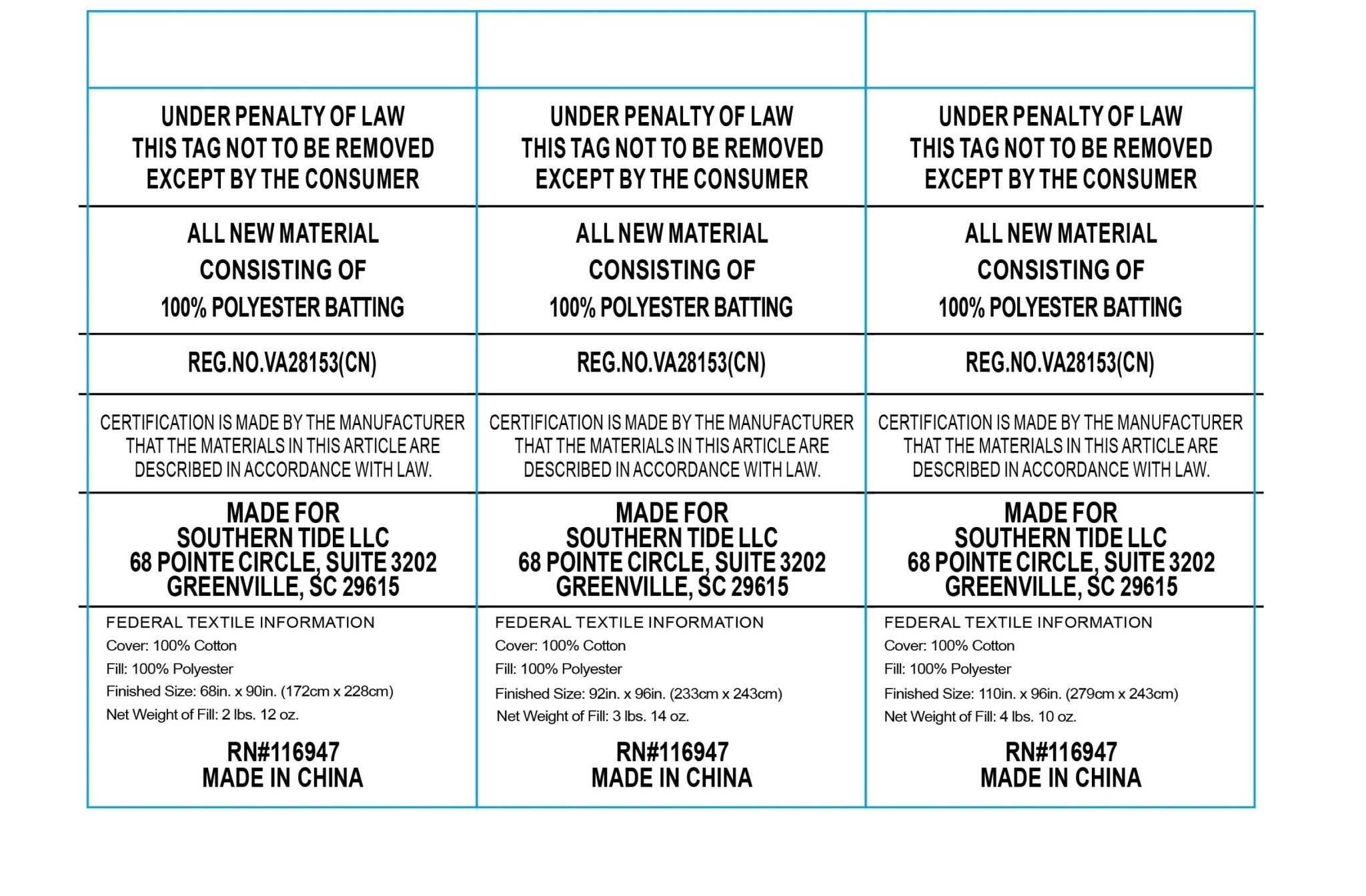 Repetition of a label with text and product details on a white background