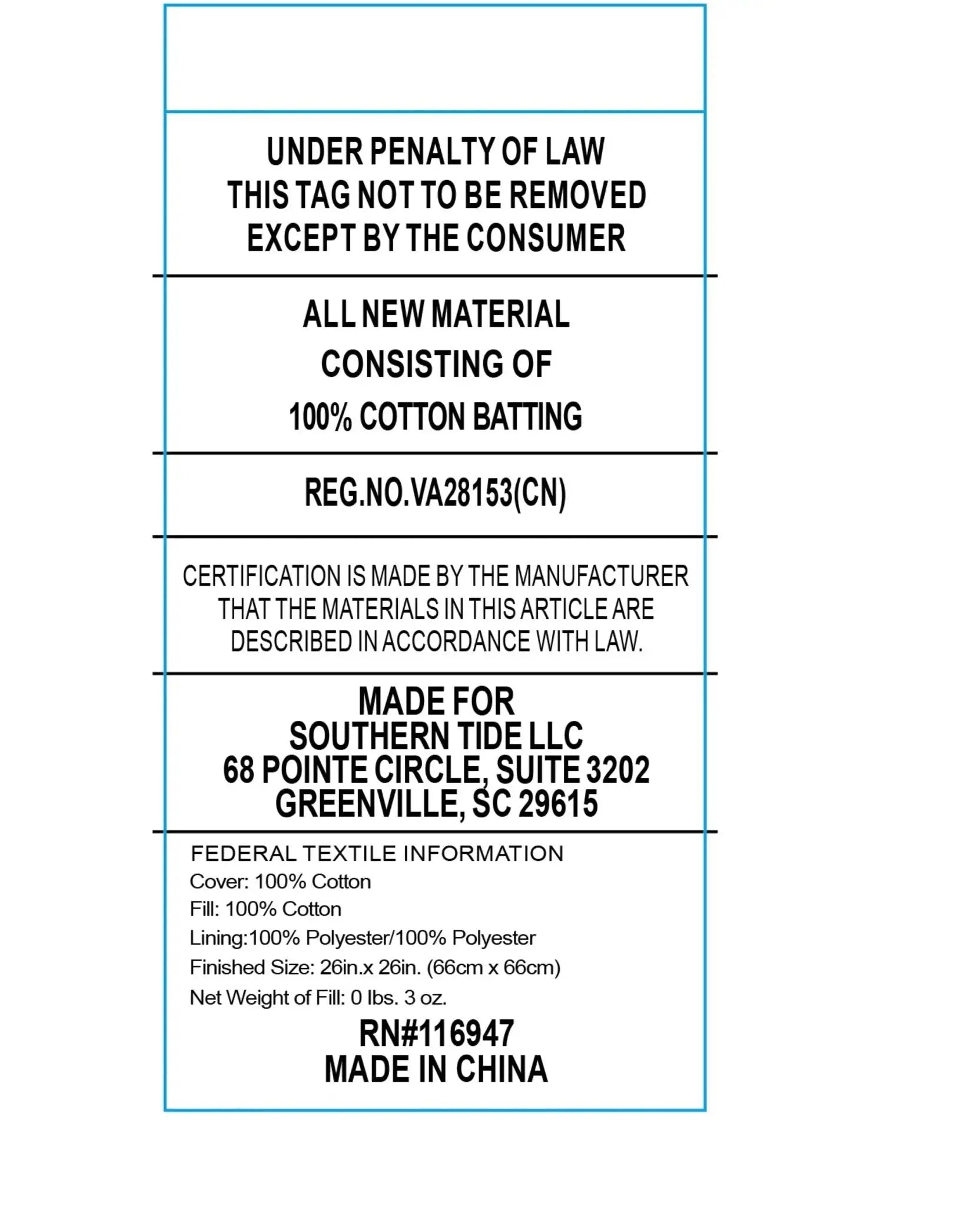 Text labels for cotton batting with certification details and manufacturing information.