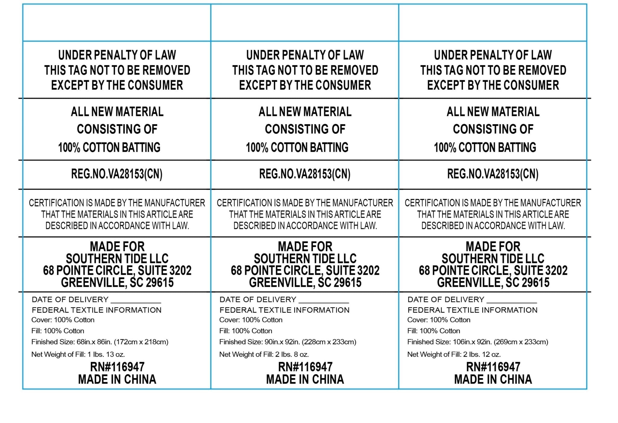Text label with certification details and material information on a blue background