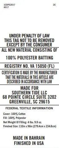 Text label for cotton batting with certification details and manufacturing information.