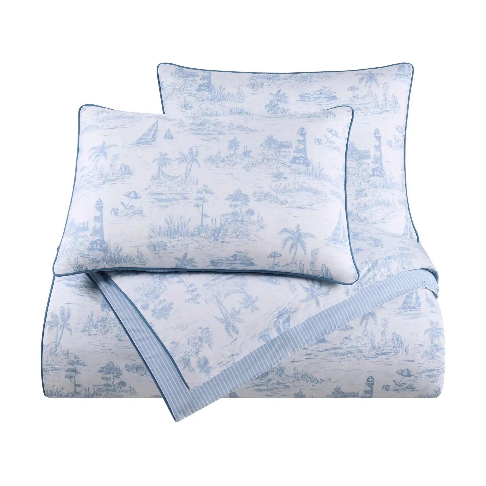A light blue and white comforter set, displayed on a solid white background.