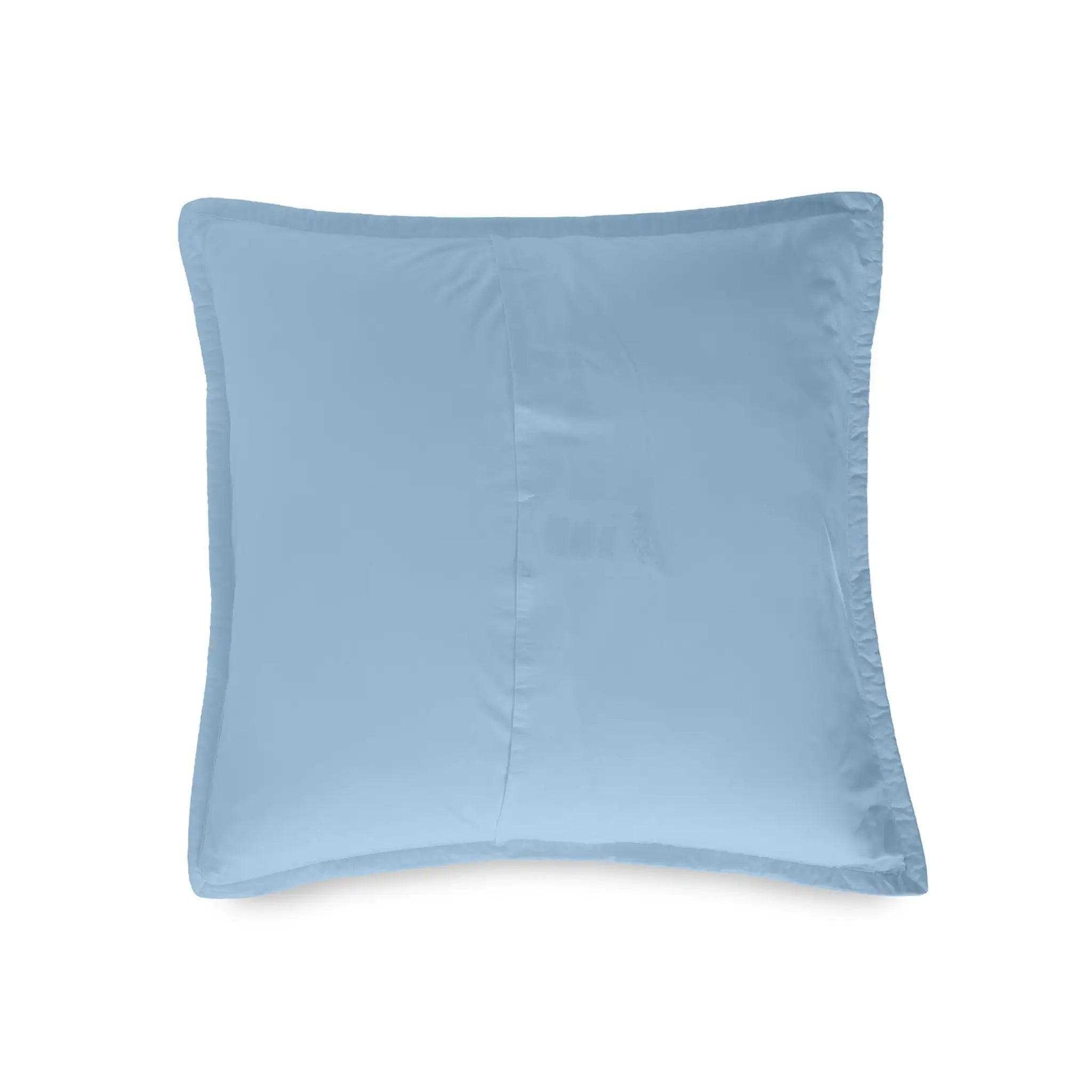 A reverse side of square light blue euro with piped edges and a subtle center seam, shown flat against a solid white background.