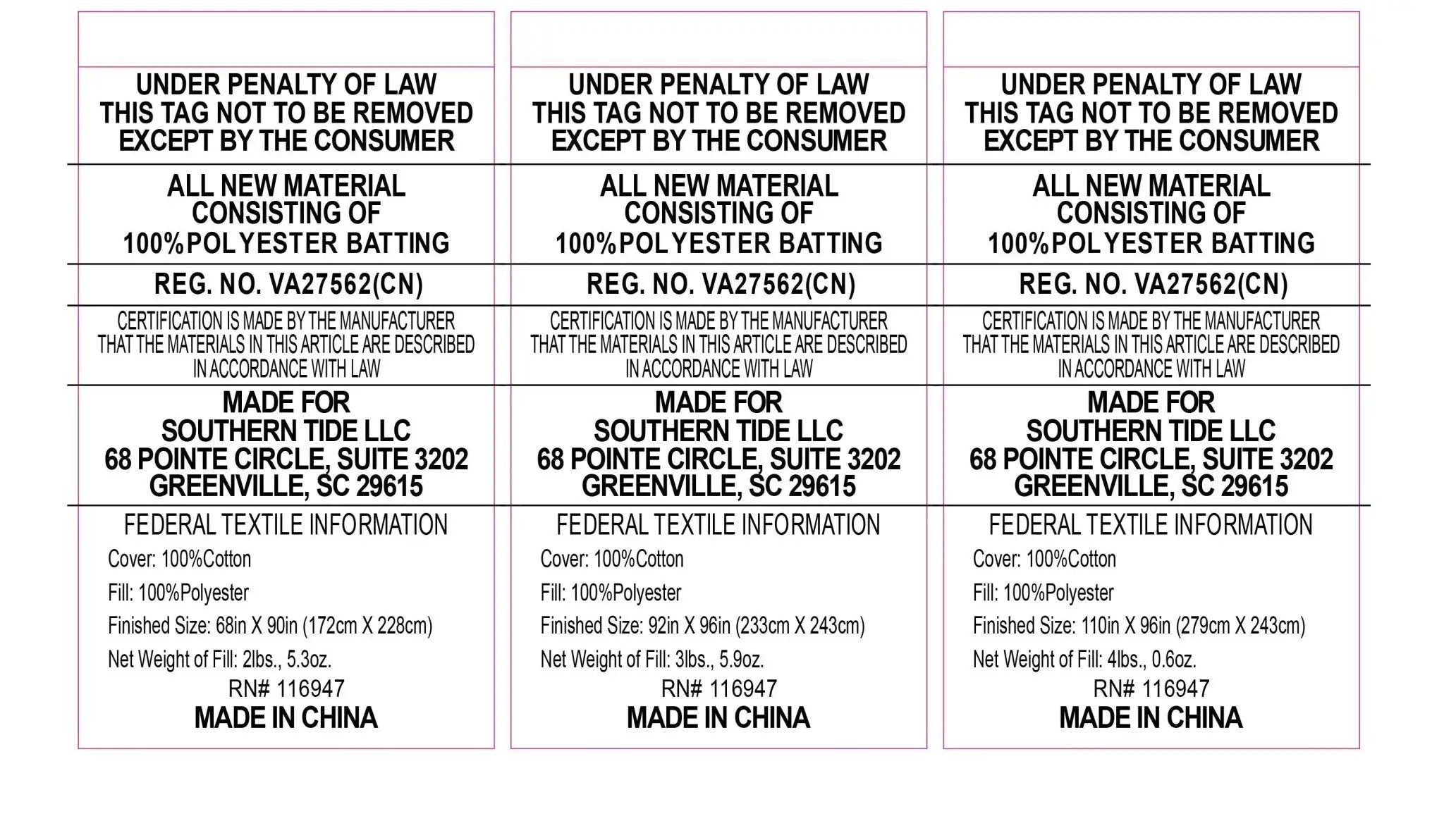 A three-panel white informational graphic with black text detailing product specifications.