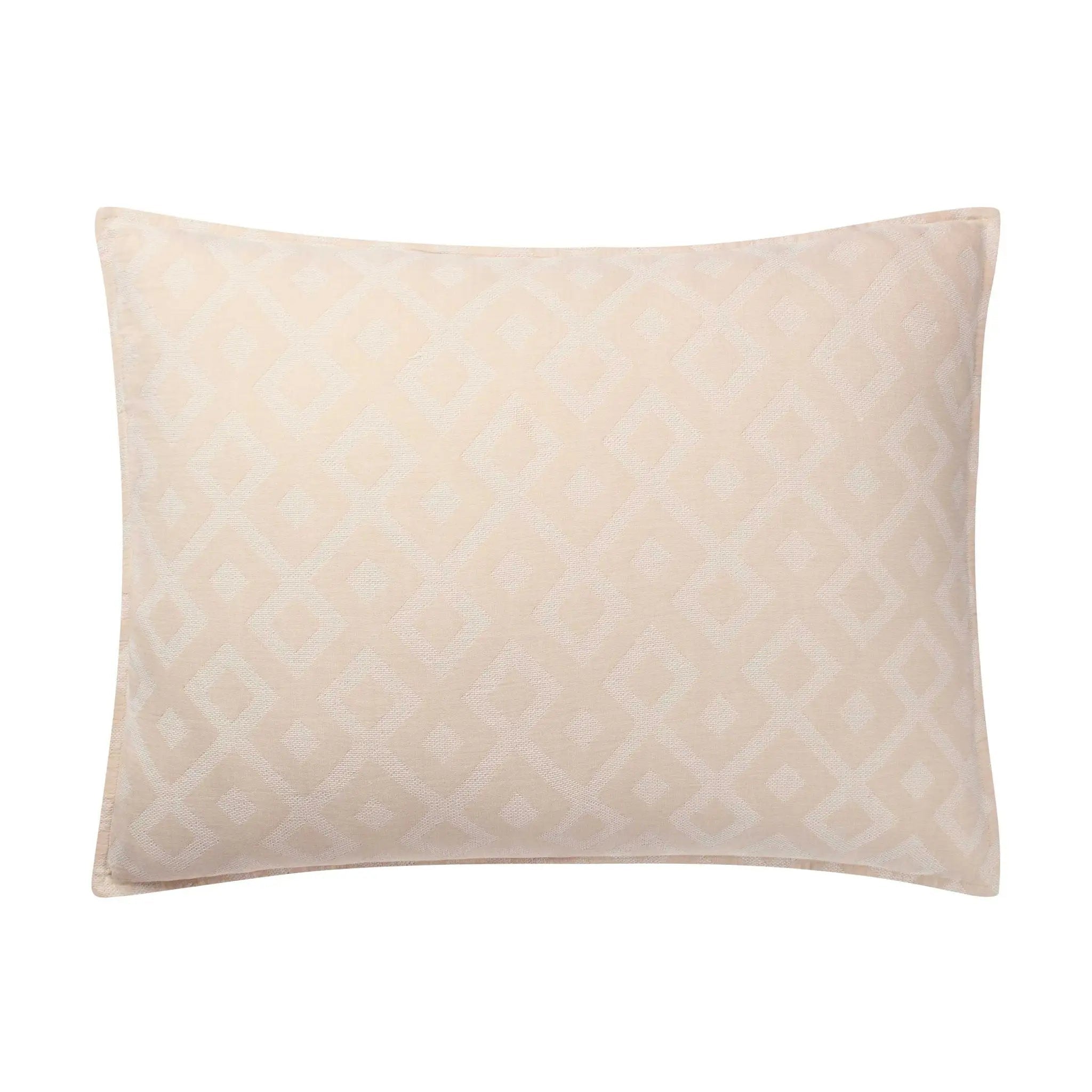 A rectangular pillow sham in a light cream or beige color, featuring a subtle woven geometric diamond pattern, shown against a plain white background.