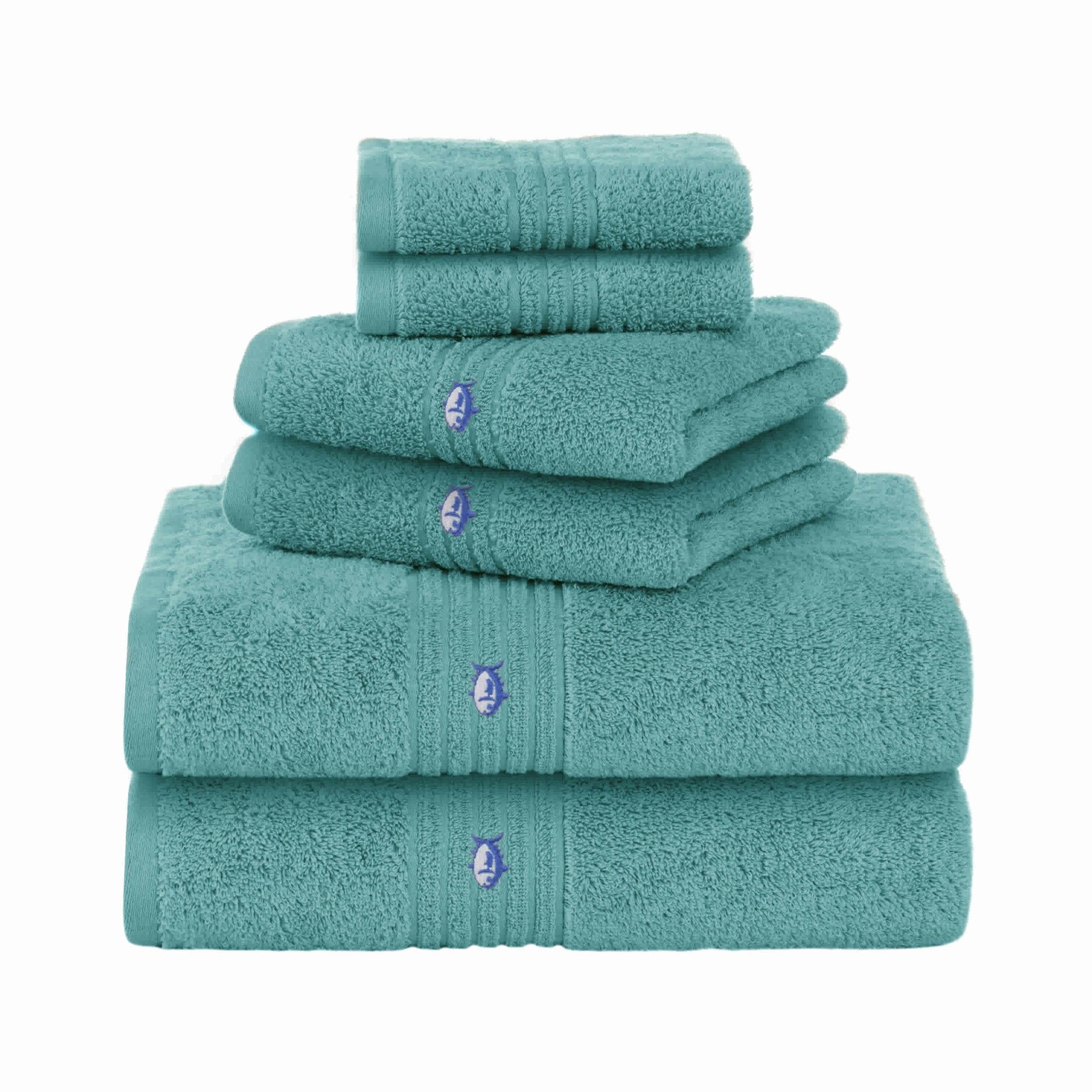 Set of aqua towels with a brand logo on a white background