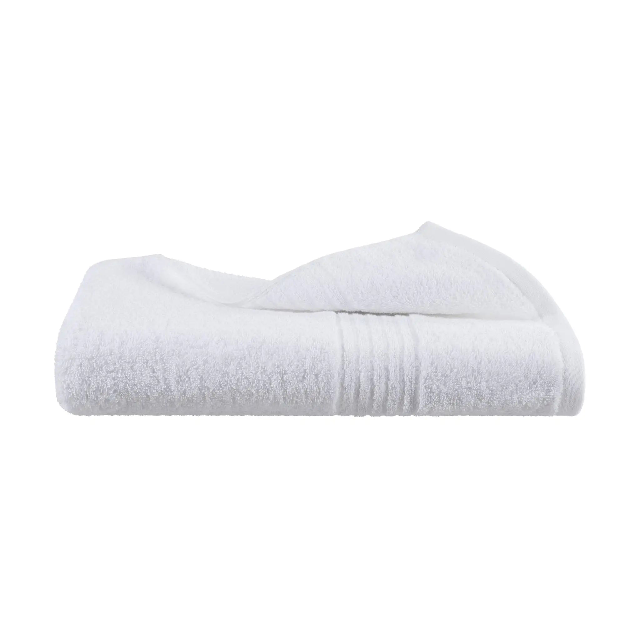 A folded white bath towel with a textured terry cloth surface and a ribbed band detail, shown on a plain white background.