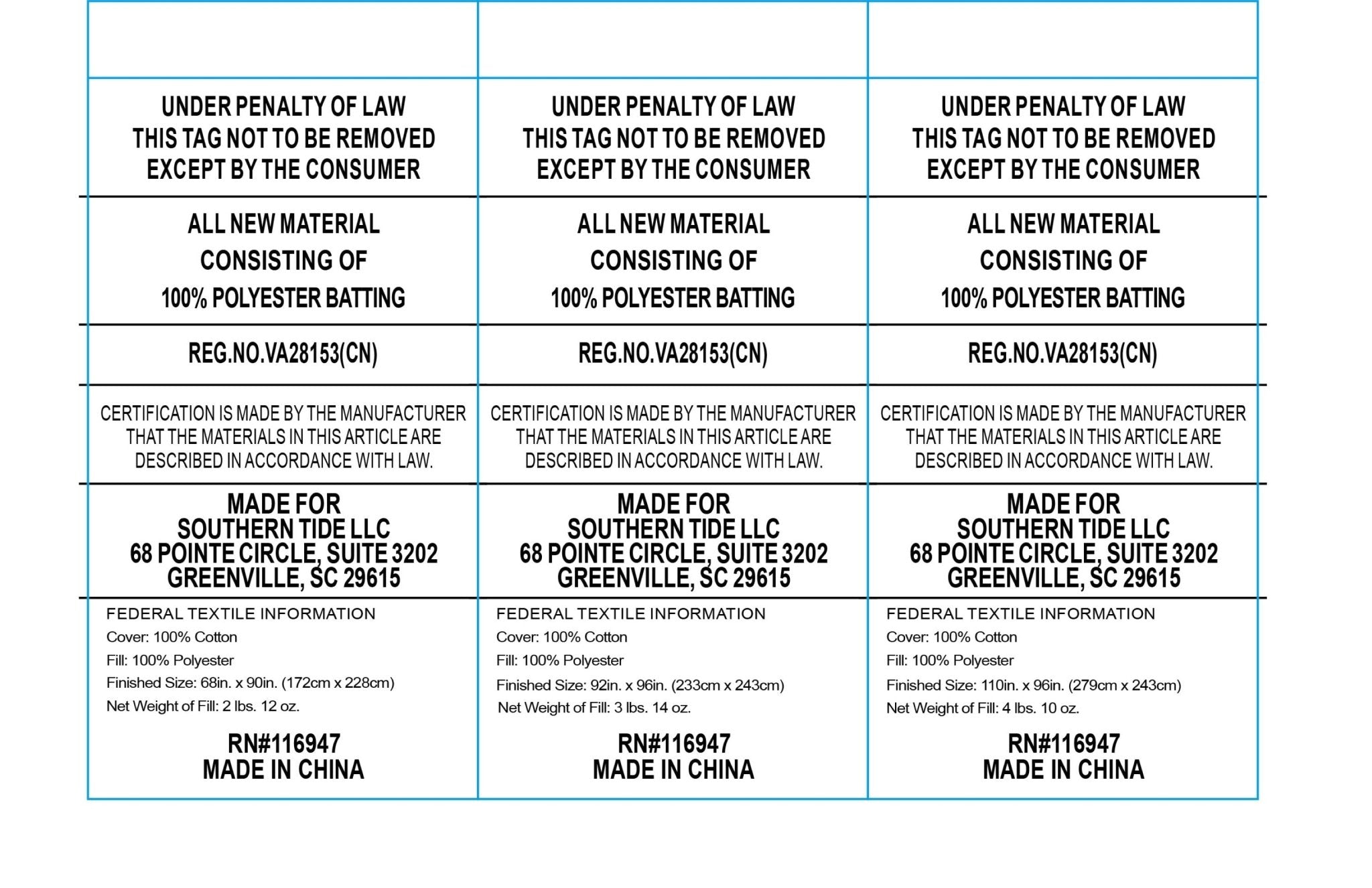 Textured label with legal notices and product details on a white background