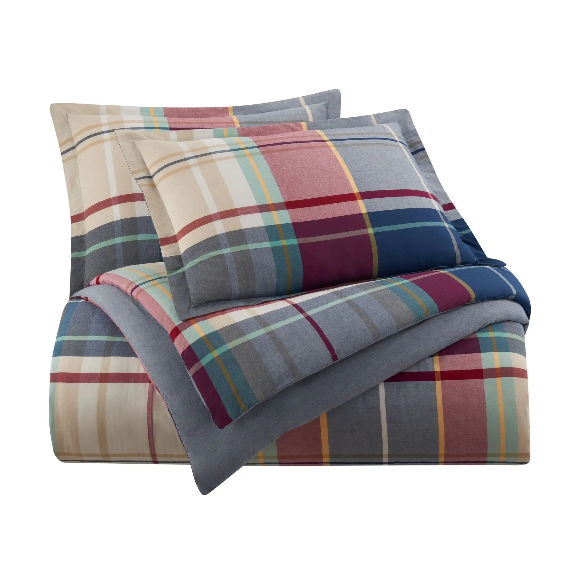 Plaid bedding set with pillow shams on a white background