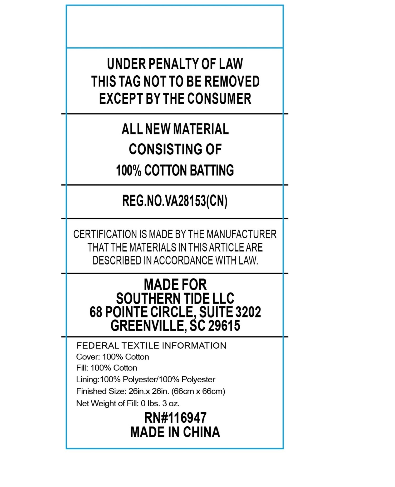 Text label on a white background with legal and product information.
