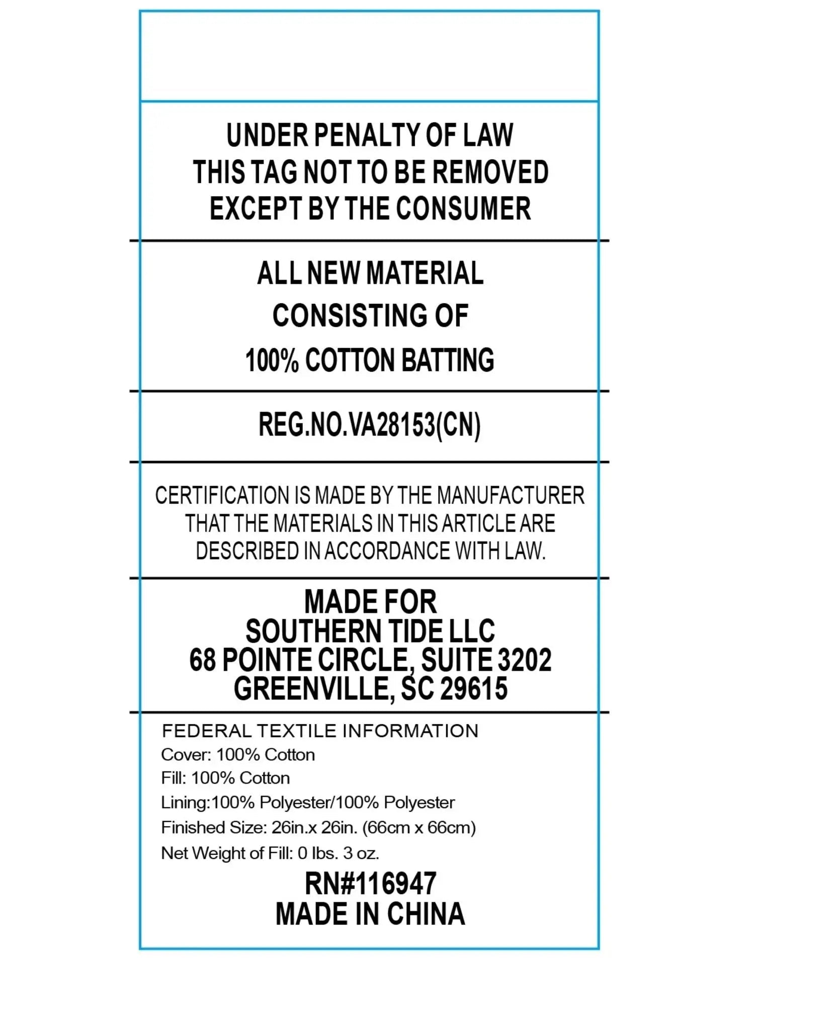 A white rectangular law label containing product information.