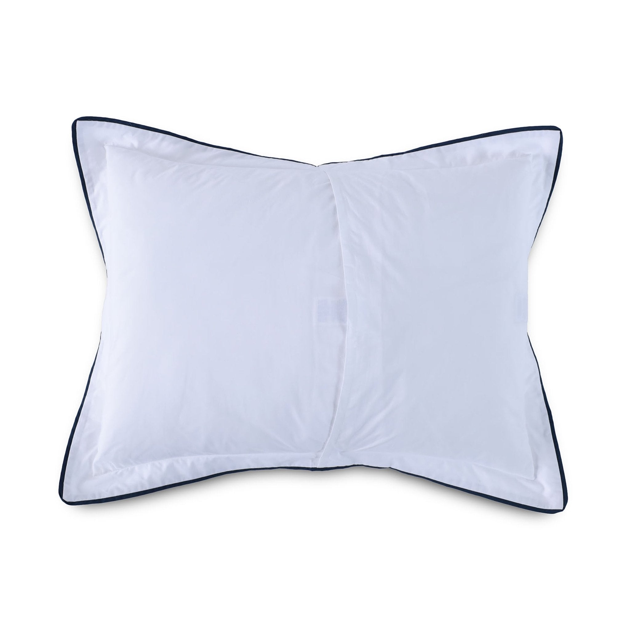 Reverse view of a white pillow with a black border on a white background.