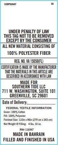 Text label with product details including fiber content, manufacturing information, and legal notice.