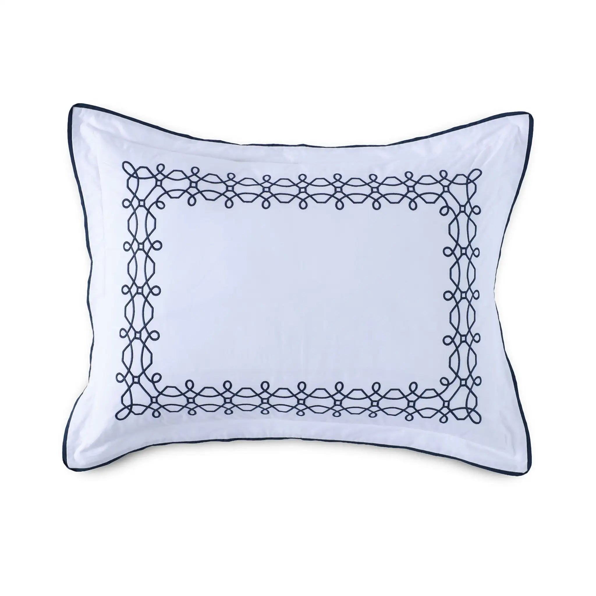 A white rectangular pillow sham featuring a navy blue embroidered decorative border and matching piped edges, shown against a plain white background.
