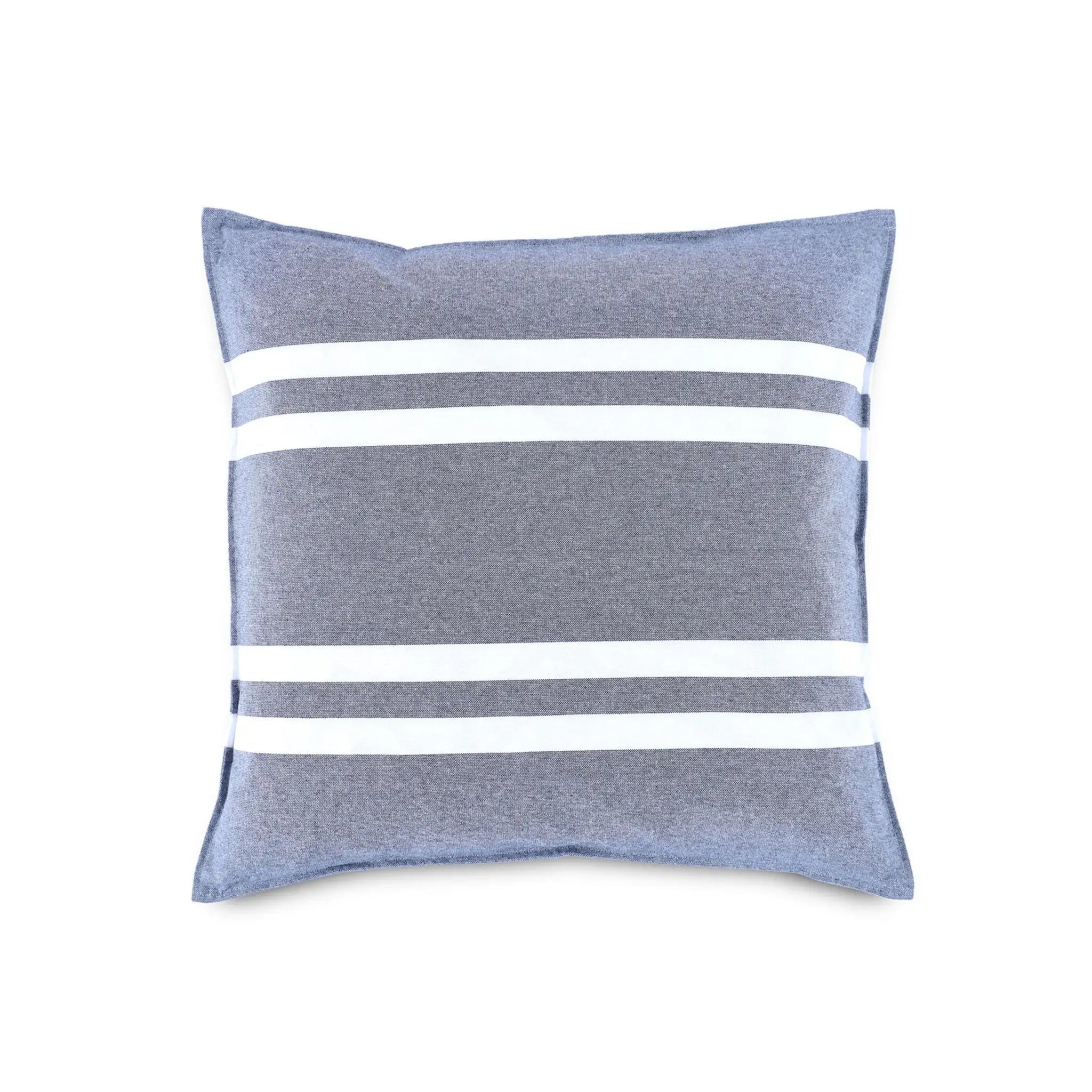 A square throw pillow in a heathered slate blue fabric with three horizontal white stripes, shown against a plain white background.