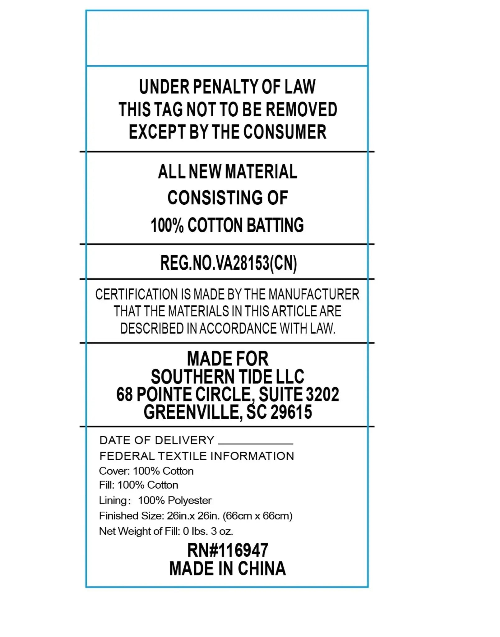 Fabric label with text about material composition, certification, and manufacturing details.