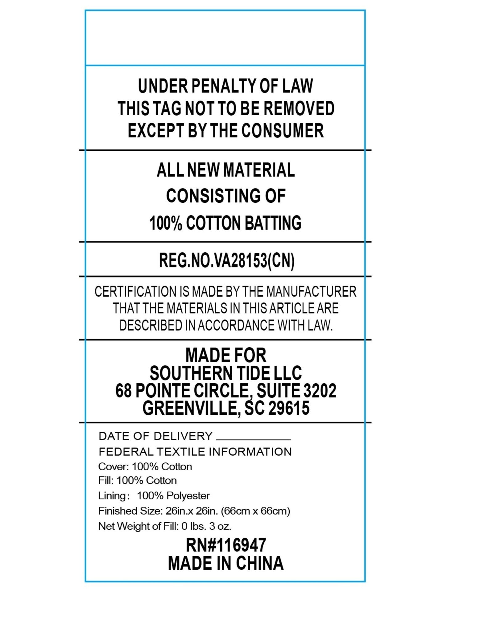 Fabric label with text about material composition, certification, and manufacturing details.
