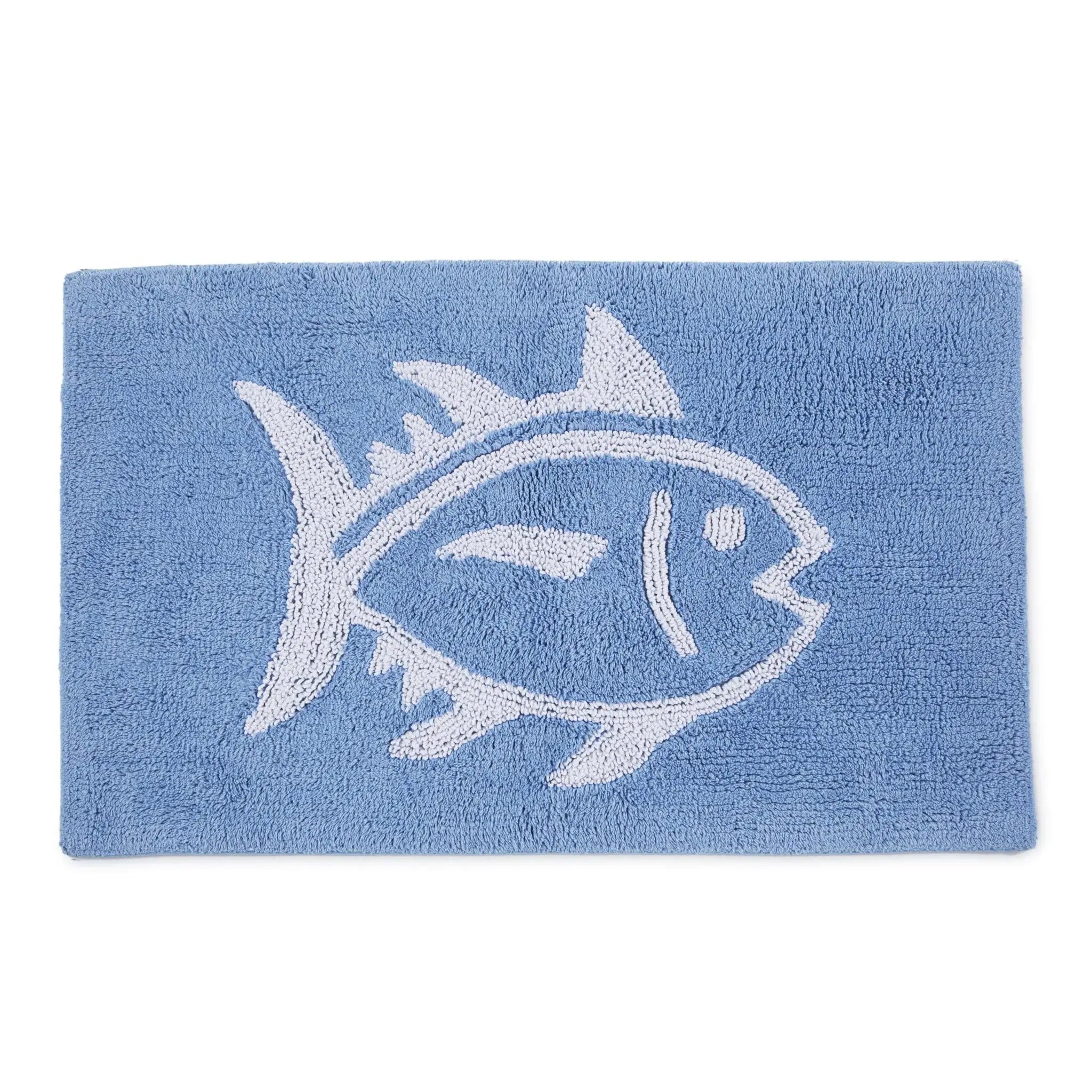 Light Blue bath rug with white fish design on a white background