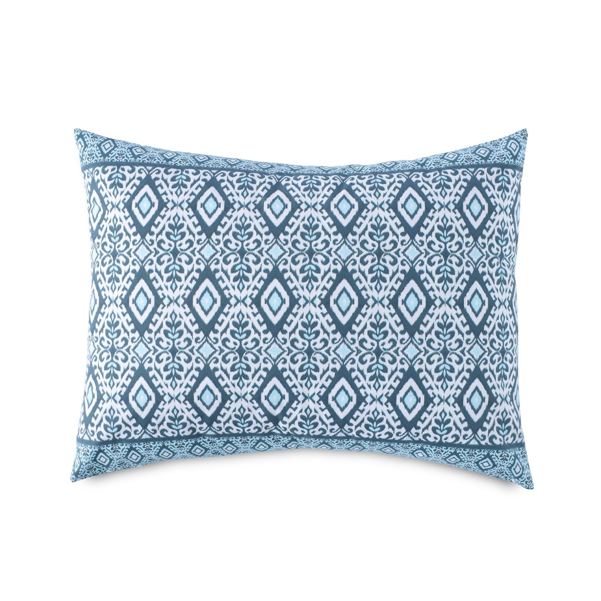 Front view of a blue and white patterned sham on a white background