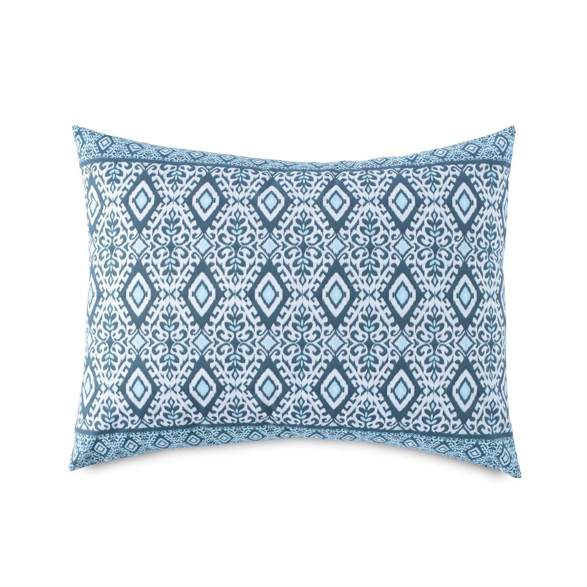 Blue patterned pillow sham on a white background