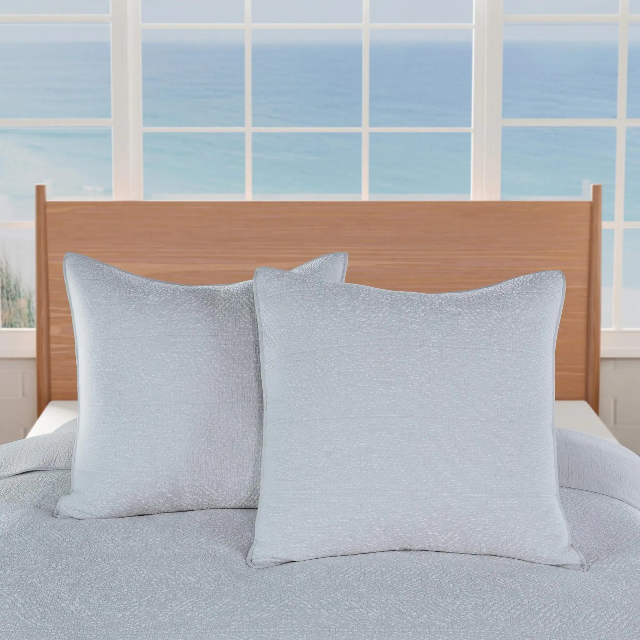 Two gray euros on a bed.