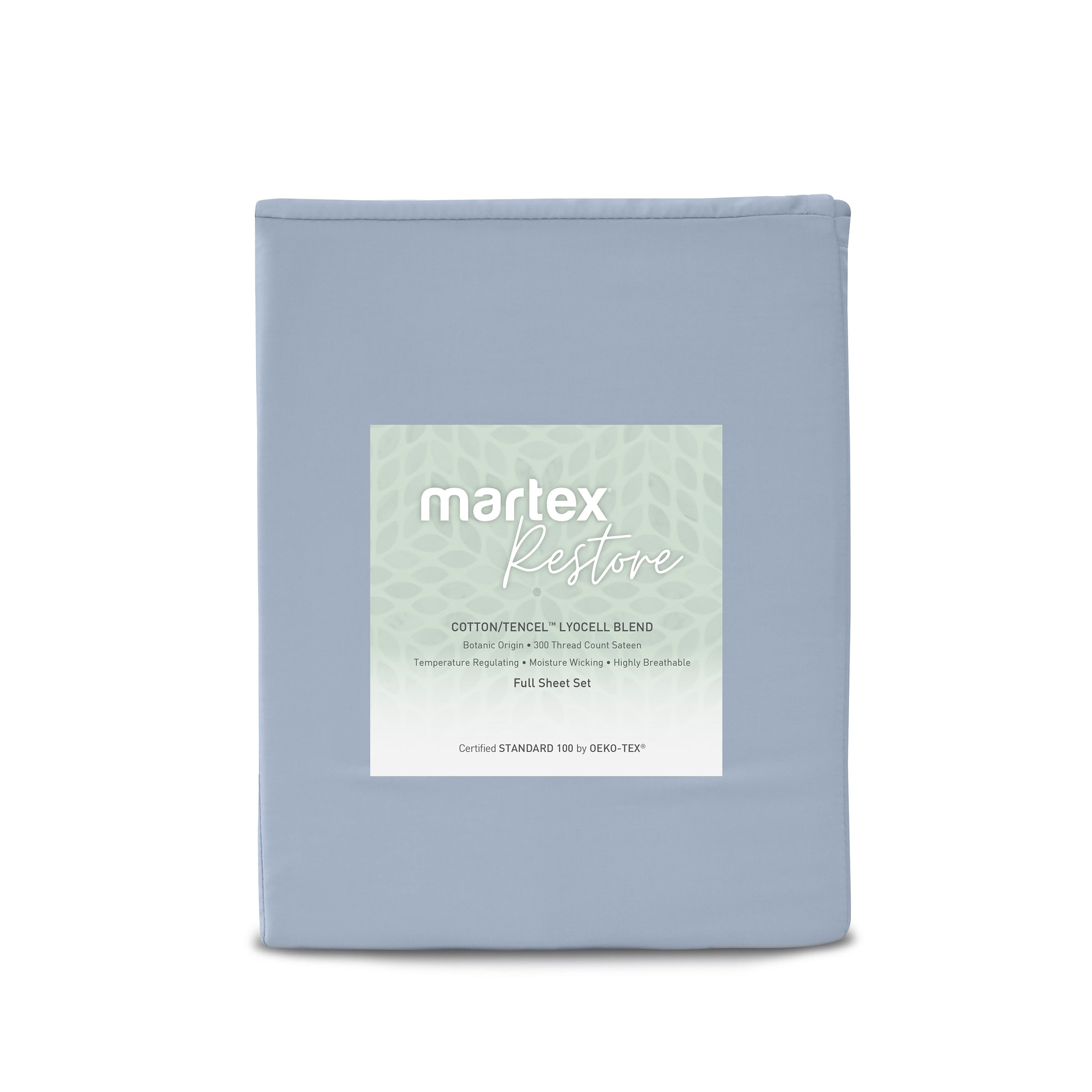 Solid light blue sheet set with a label detailing fabric blend and features, packaged for retail display.