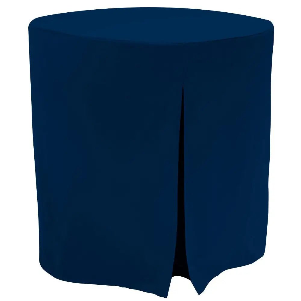 A sapphire color table cover fitted over a round table, shown against a plain white background.