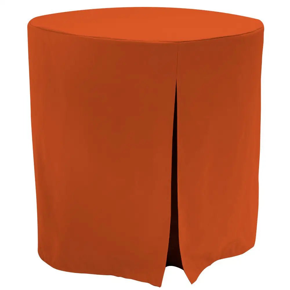 Round orange table with a fitted table cover on a white background