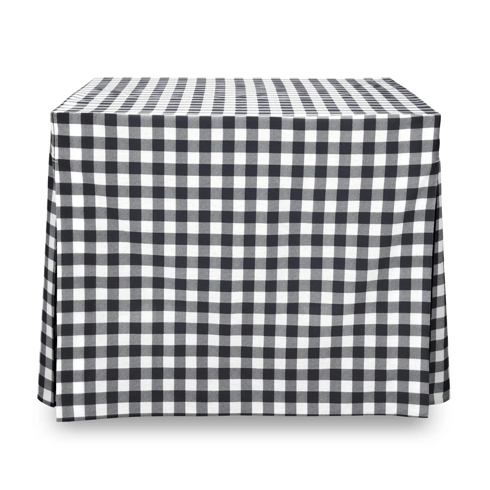 A rectangular table covered with a black and white gingham checkered tablecloth, shown against a plain white background.
