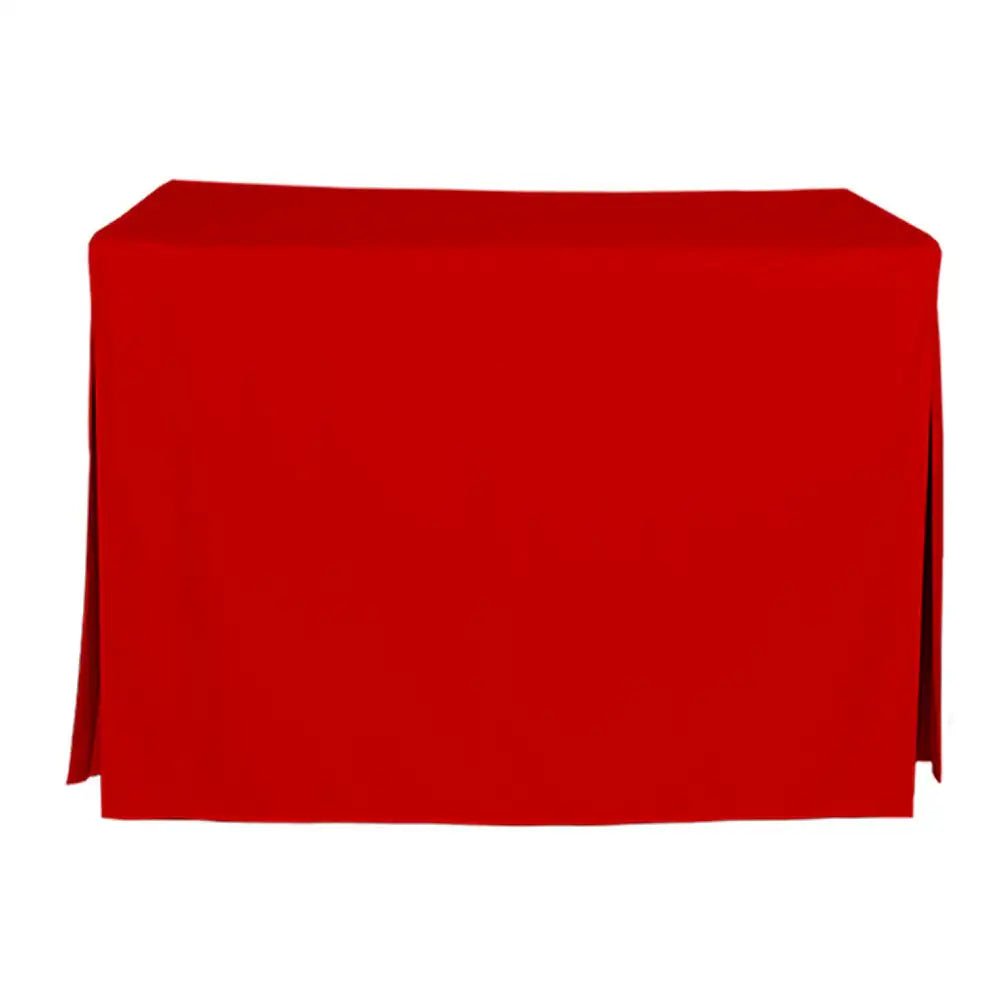 A red rectangular tablecloth draped over a table, shown against a plain white background.