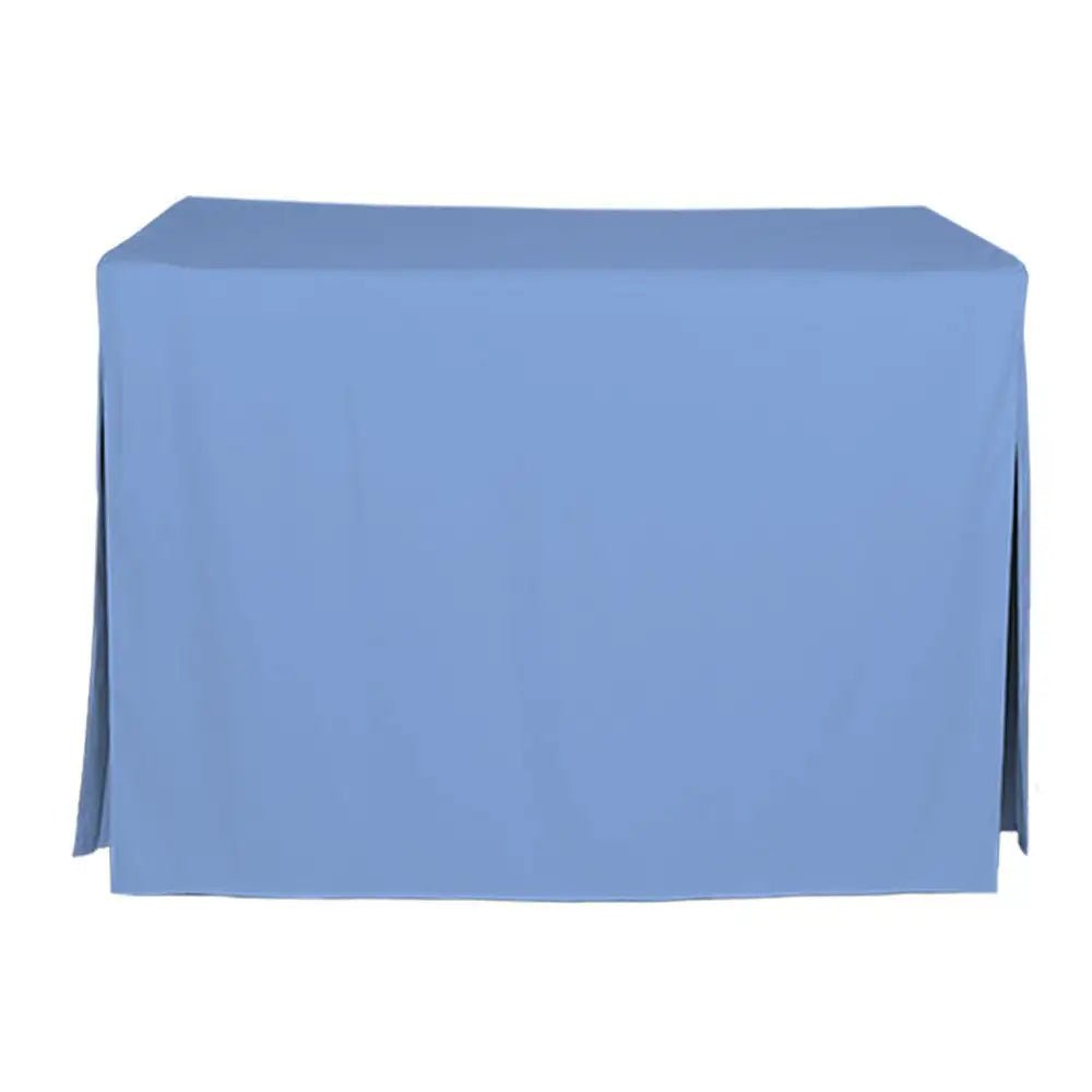 A light blue tablecloth draped over a rectangular table, shown against a plain white background.