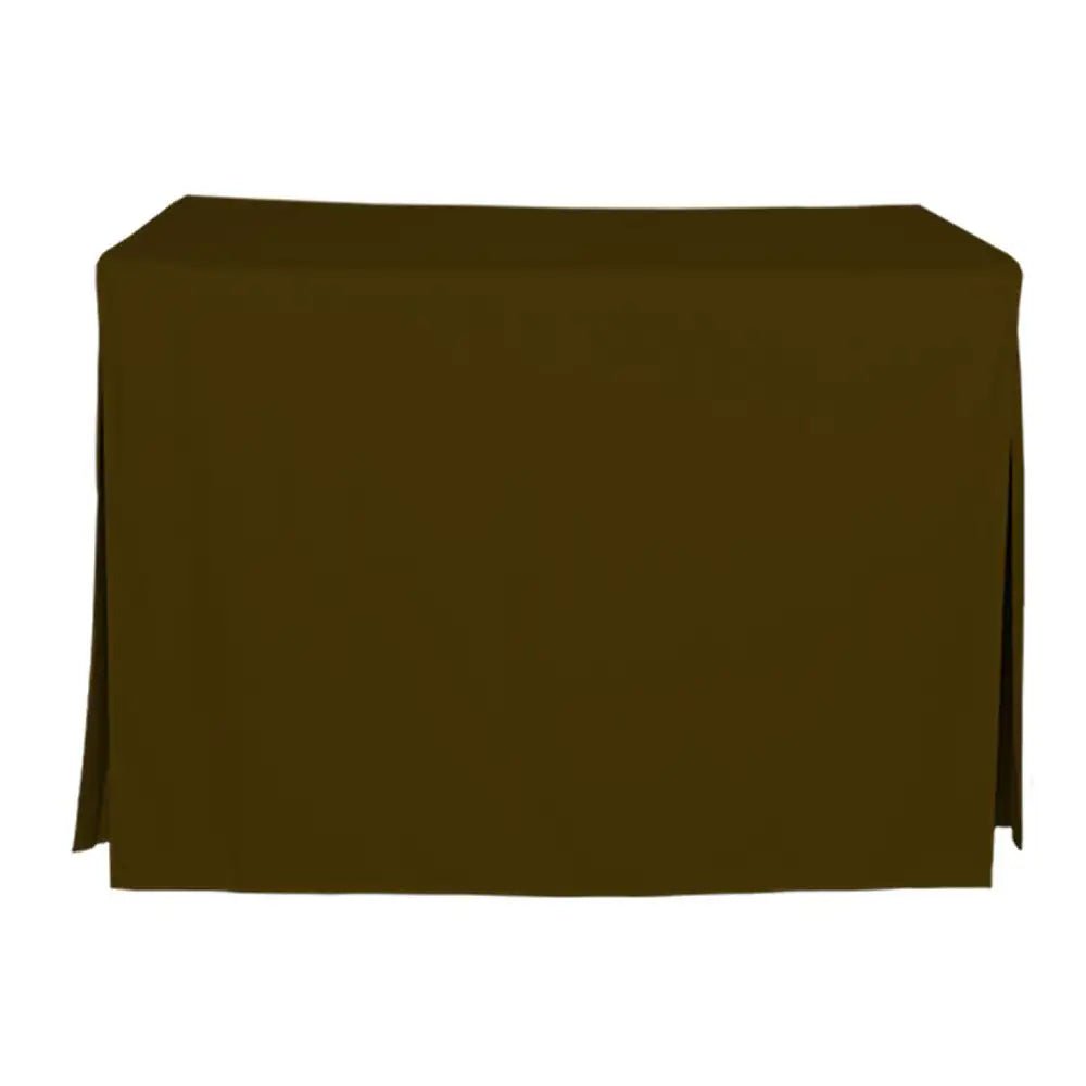A dark olive brown tablecloth draped over a rectangular table, shown against a plain white background.
