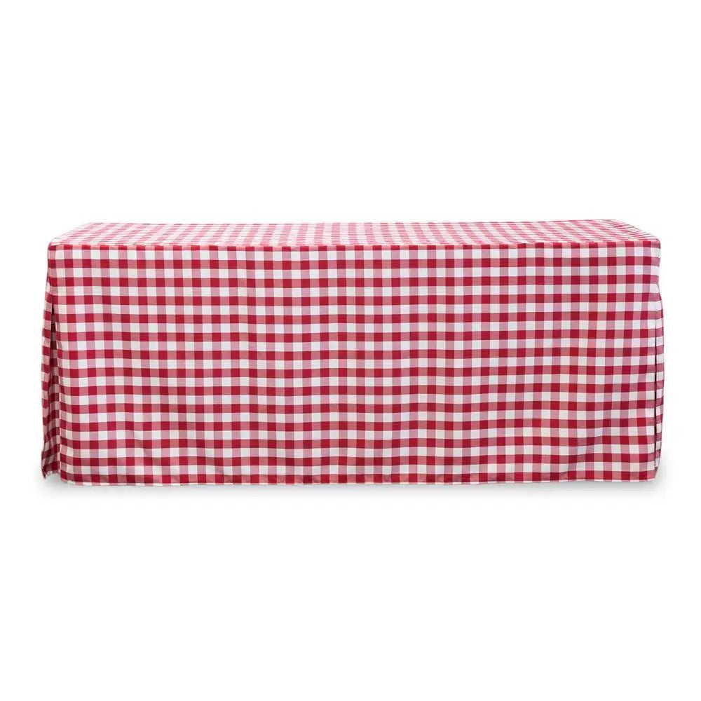 A rectangular table covered with a red and white gingham checkered tablecloth, shown against a plain white background.