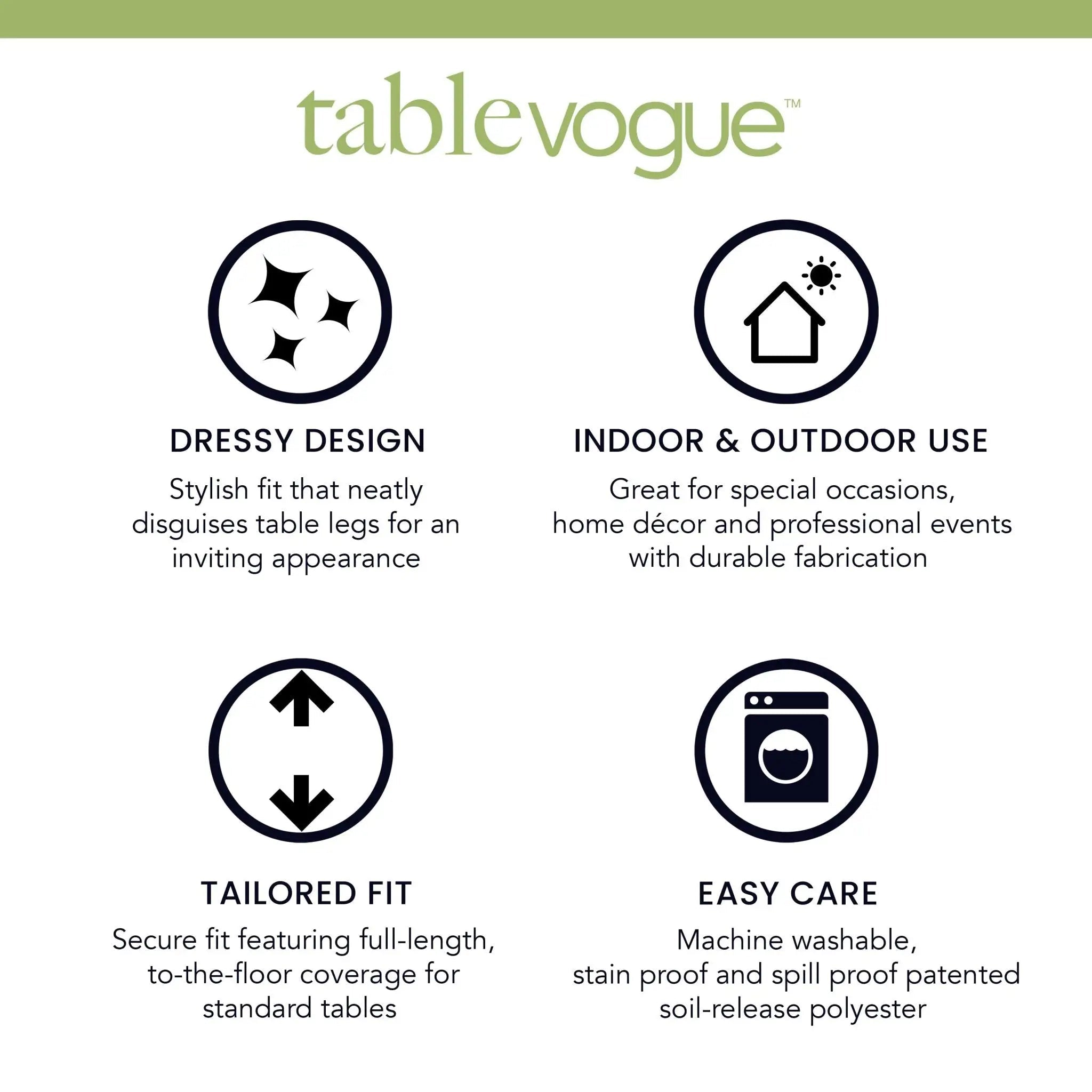 A product feature infographic for the TableVogue table skirt. The graphic has a white background with a green header bar at the top and the brand name 'tablevogue' in green.