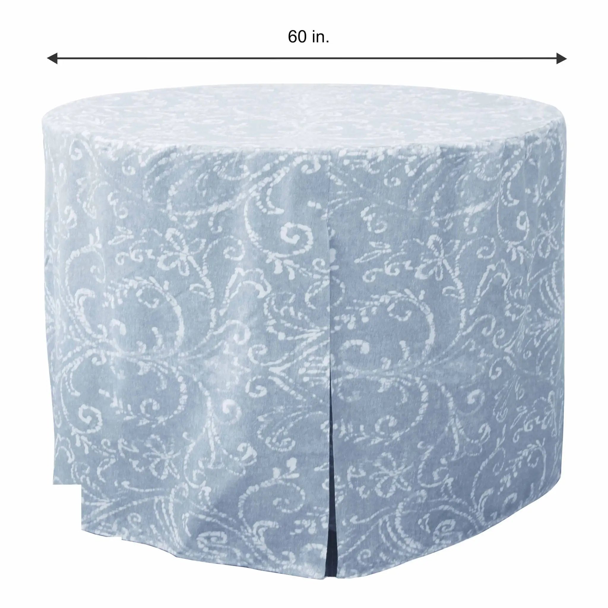 A light blue round tablecloth with a white damask scroll pattern, shown with a dimension arrow indicating a 60-inch width.
