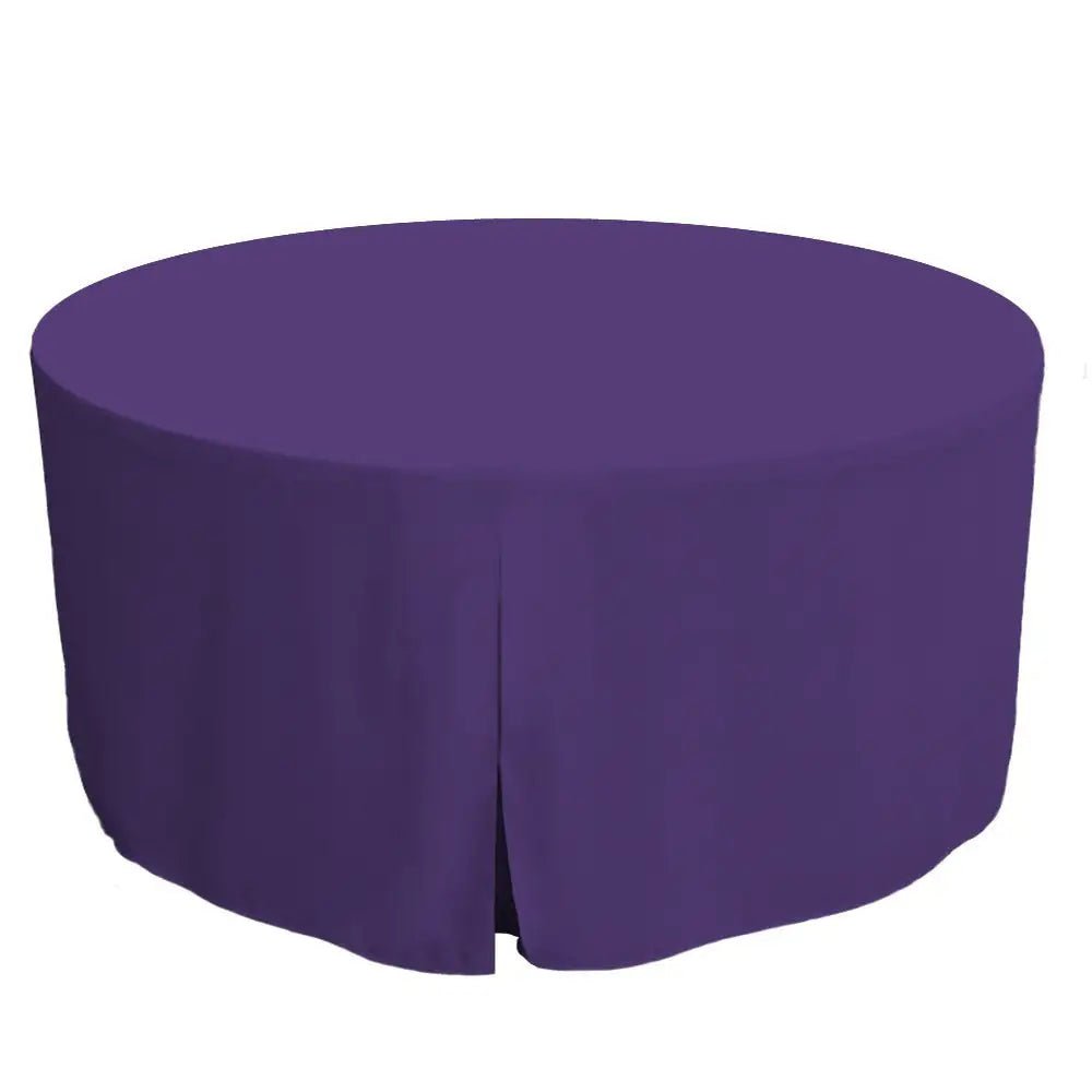 A round table covered with a solid violet color tablecloth, shown against a plain white background.