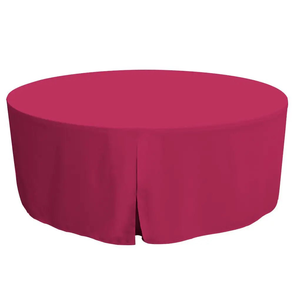 A round table covered with a solid fuchsia color table cover, shown against a plain white background.