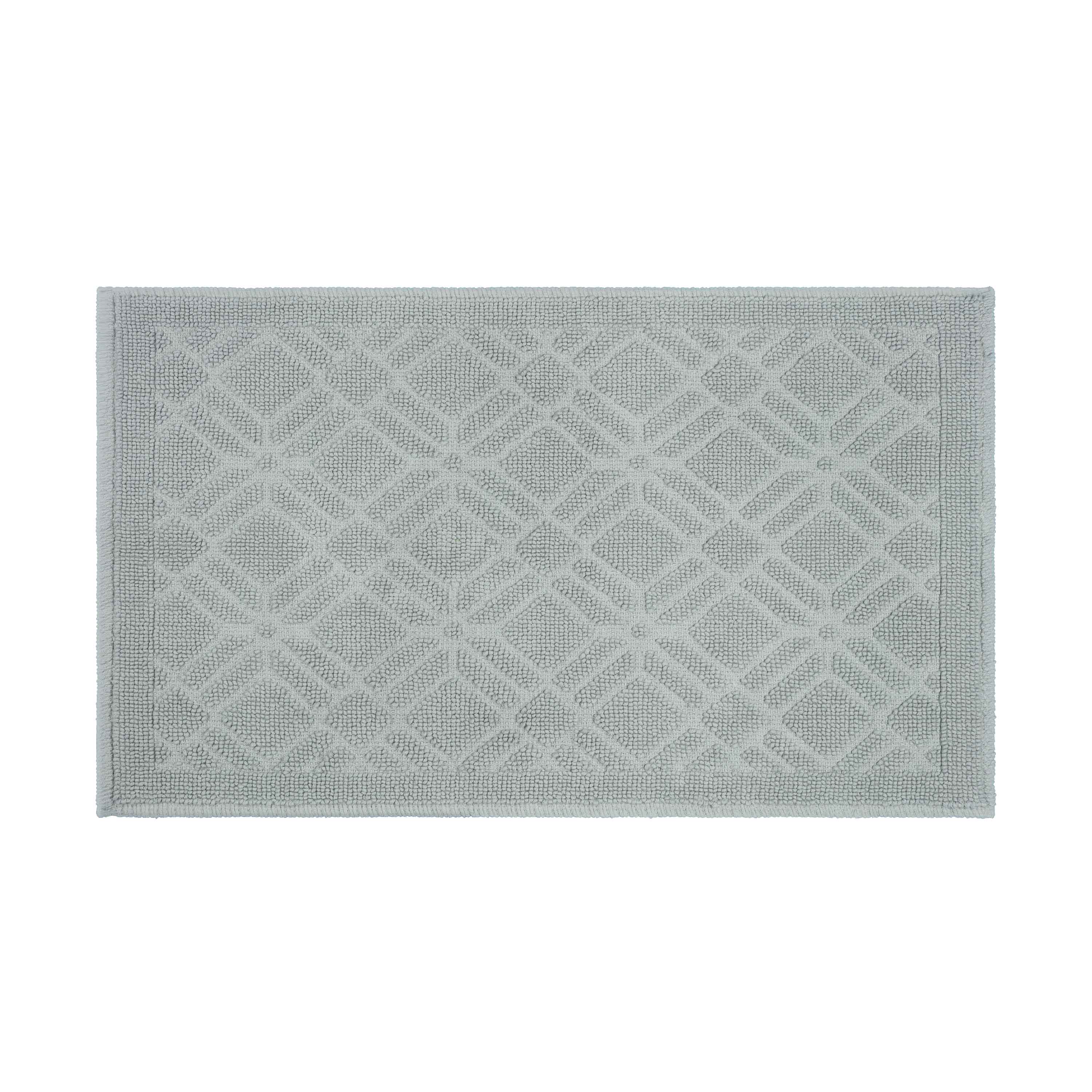 Rectangular bath rug in light gray with a geometric pattern and textured surface.