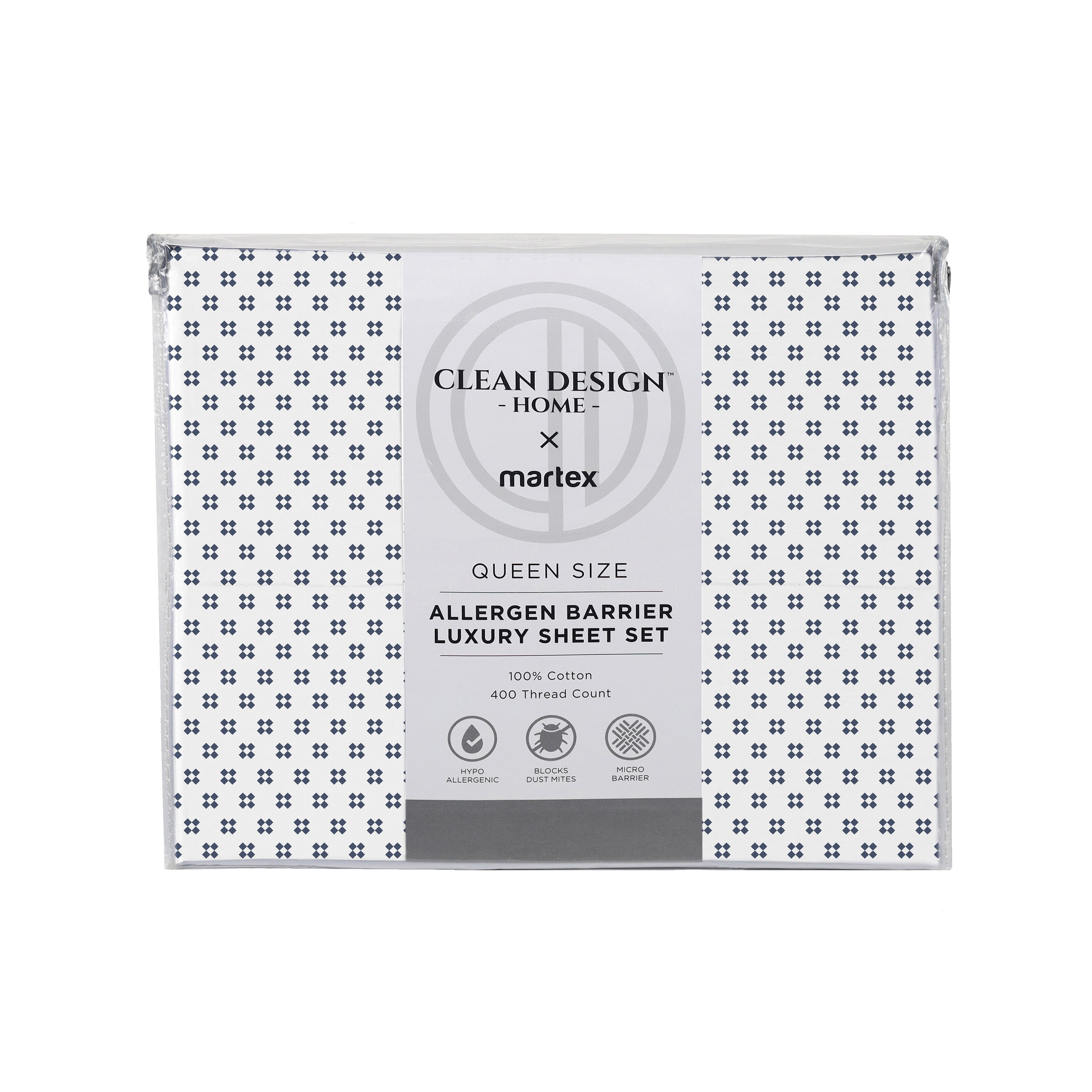 Queen size sheet set packaging featuring a floral pattern and allergen barrier information.