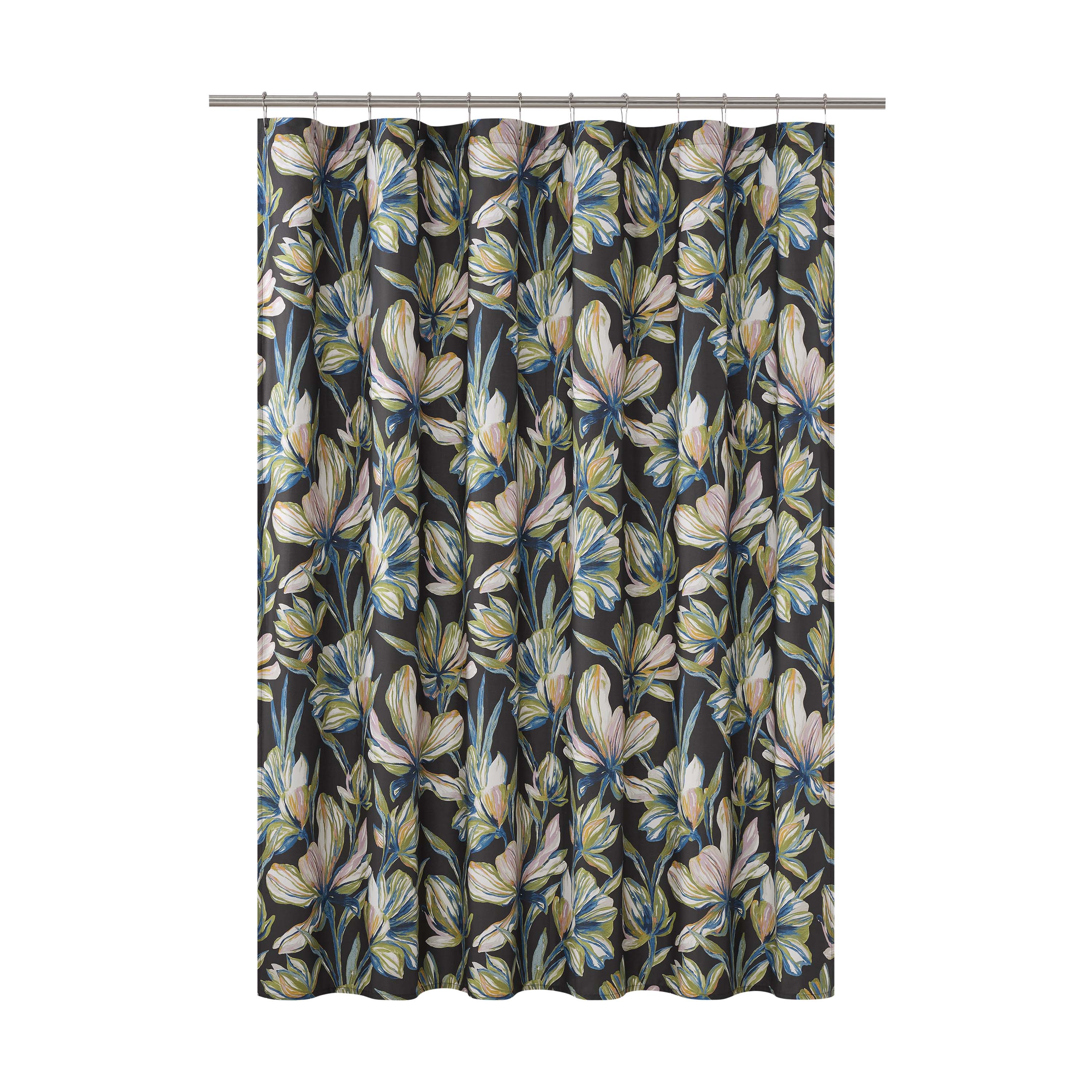 Floral shower curtain featuring large, colorful flowers on a dark background, measuring 72x72 inches.