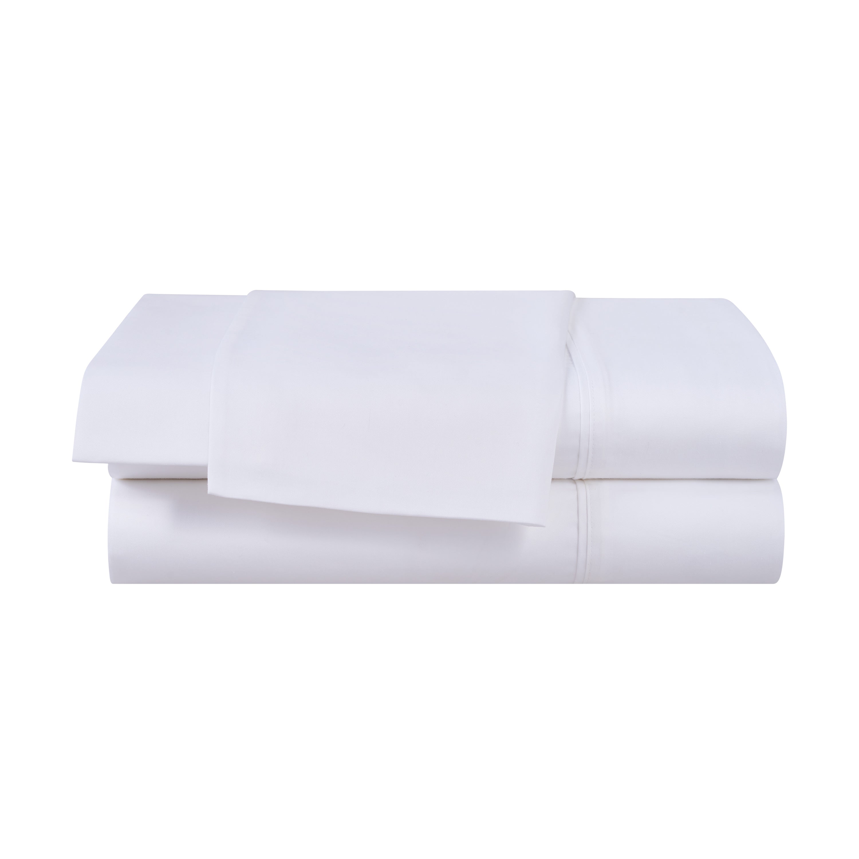 Solid white cotton and Tencel sheet set neatly stacked with a flat sheet on top and fitted sheet underneath.